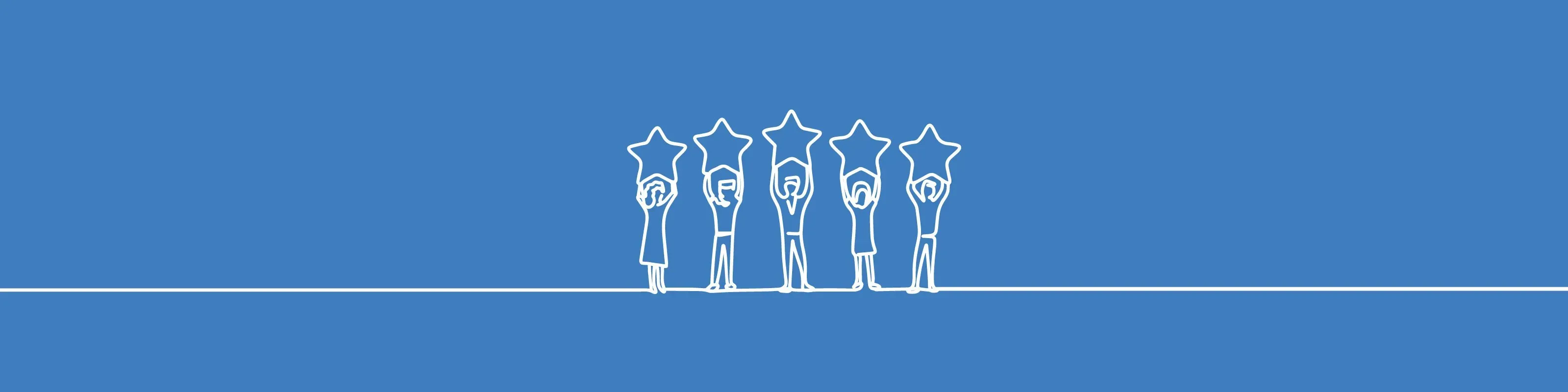 Happy group holding up five stars – references for Hanse Mondial