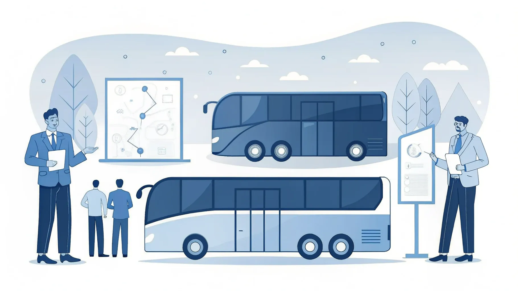 Illustration: Reisebus neben einem Klemmbrett mit einfachem Routendiagramm