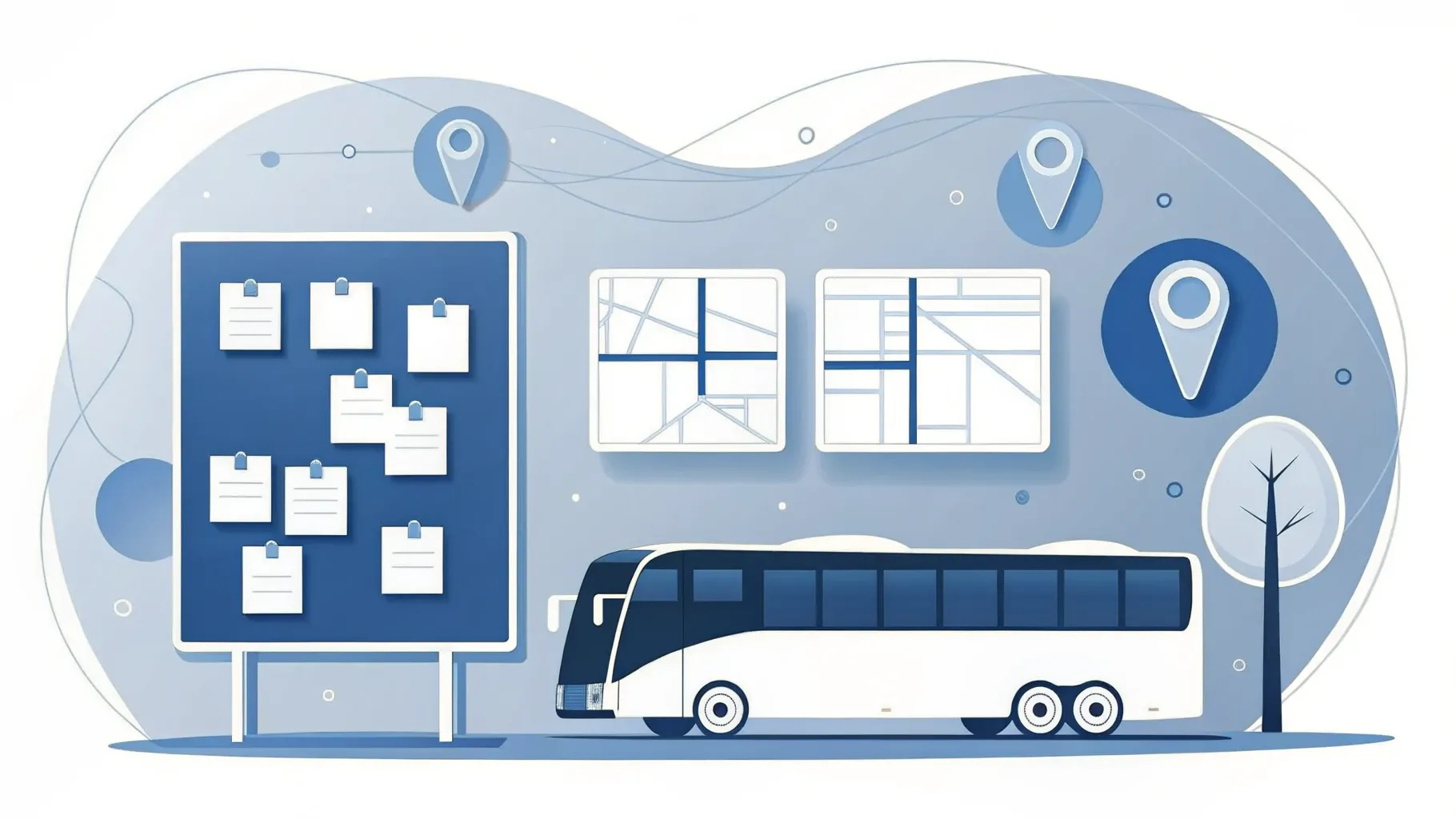 Illustration: Fünf nummerierte Haftnotizen an einer Pinnwand neben einem kleinen Reisebus-Modell