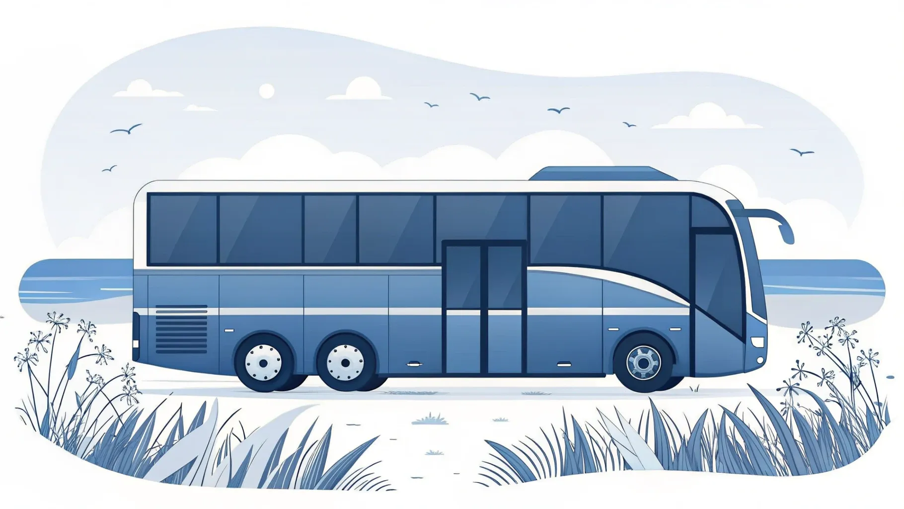Illustration: Reisebus an Sanddünen mit Strandhafer, dahinter das ruhige Meer