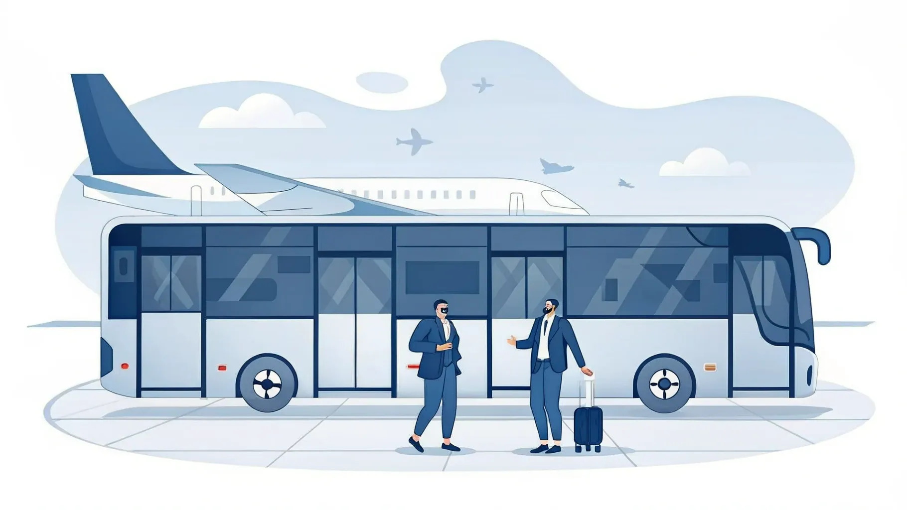 Illustration: Shuttle-Bus auf dem Flughafenvorfeld, im Hintergrund das Heck eines Flugzeugs