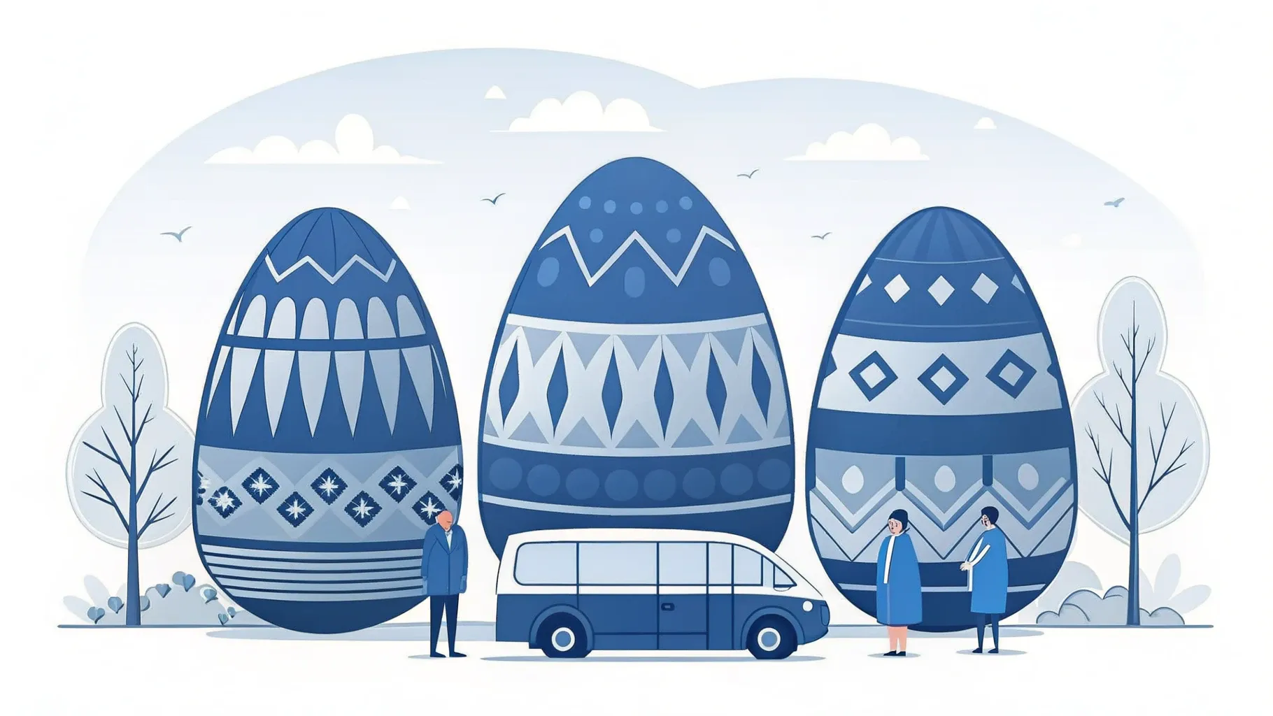 Illustration: Ostereier im grünen Frühlingsgras an einer Landstraße, auf der ein Reisebus vorbeifährt
