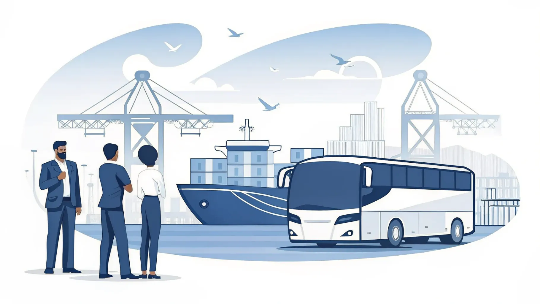 Illustration: Kreuzfahrtschiff im Hafen mit Kränen, kleine Figuren schauen vom Kai zu
