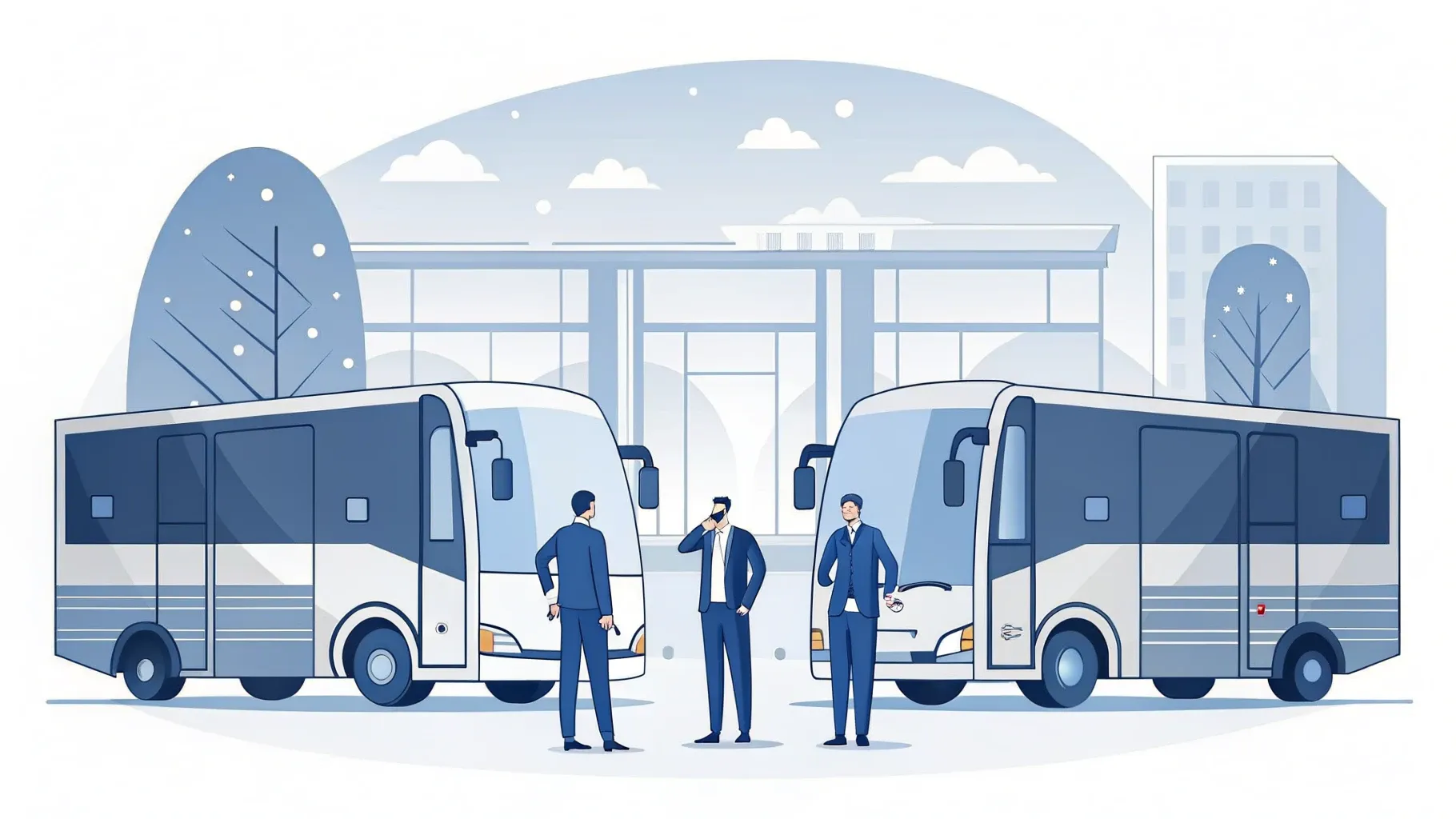 Illustration: Stadion mit davor aufgereihten Shuttle-Bussen bei ruhigem Tageslicht