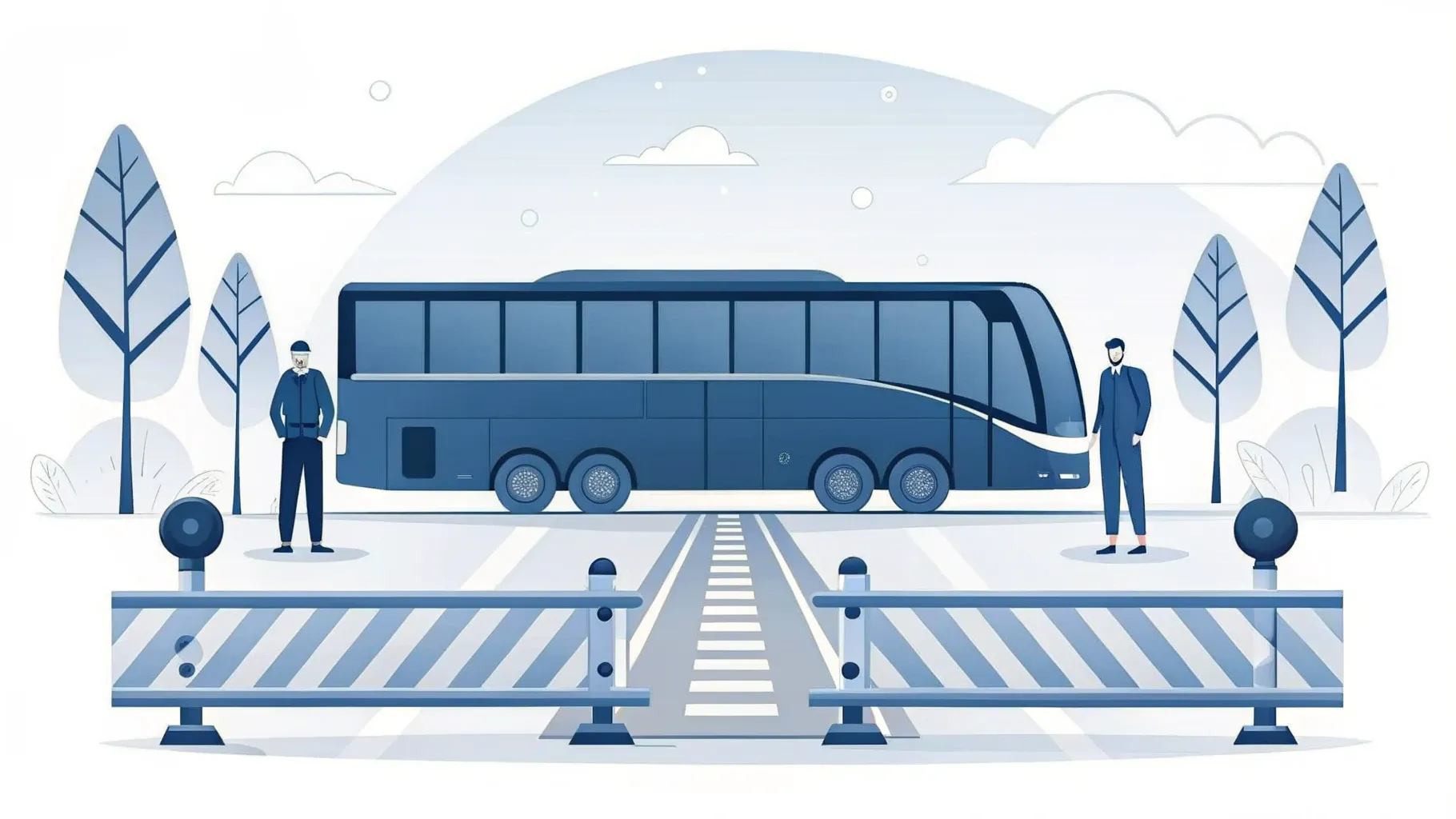 Illustration: Bahngleis mit Baustellenabsperrungen, daneben wartet ein Ersatzbus auf der Straße