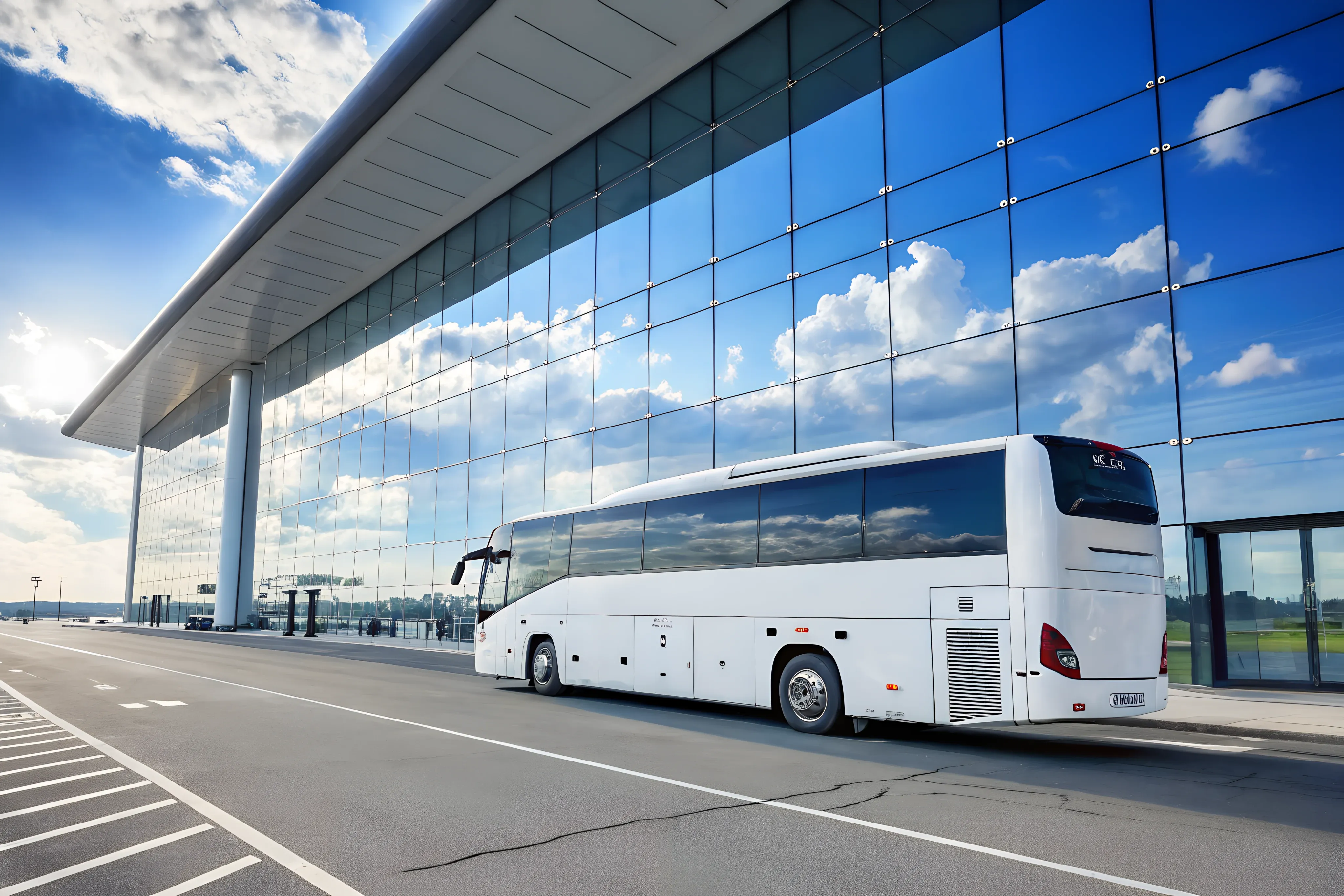 Weißer Reisebus am Flughafenterminal vor der Glasfassade