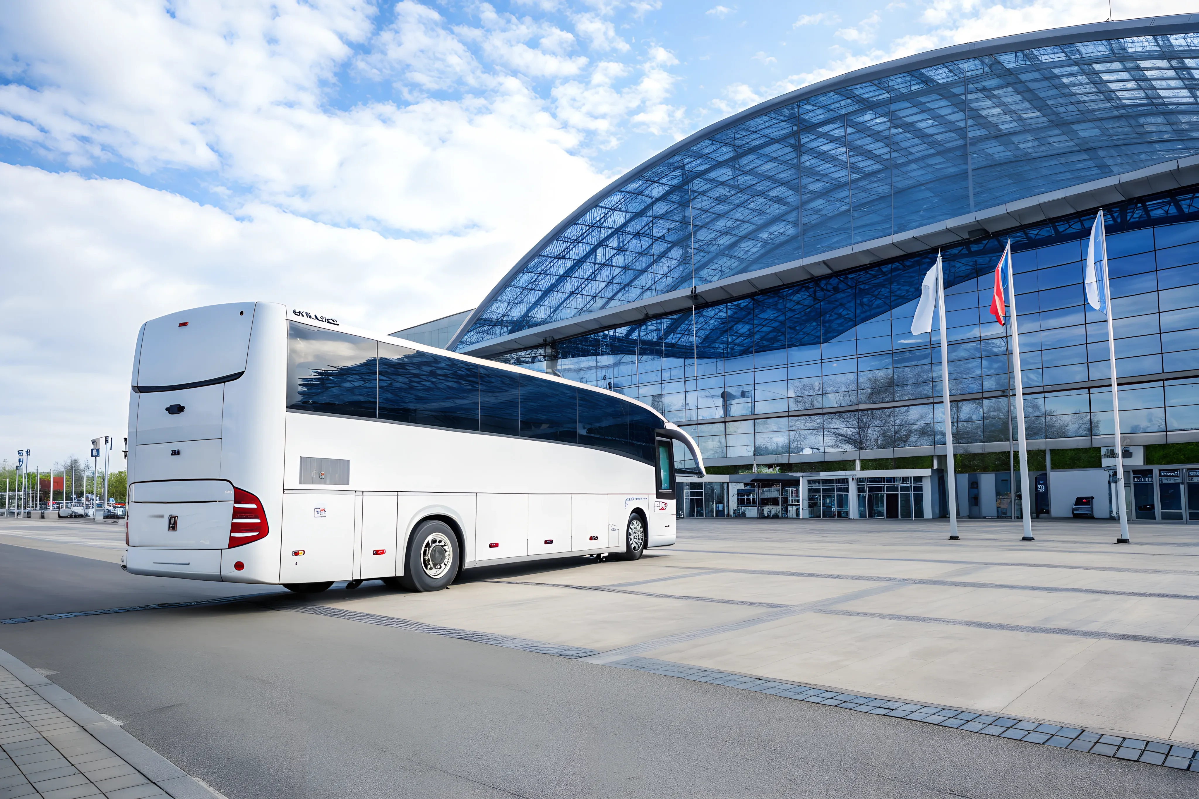 Weißer Reisebus vor einer großen Messehalle mit geschwungenem Glasdach