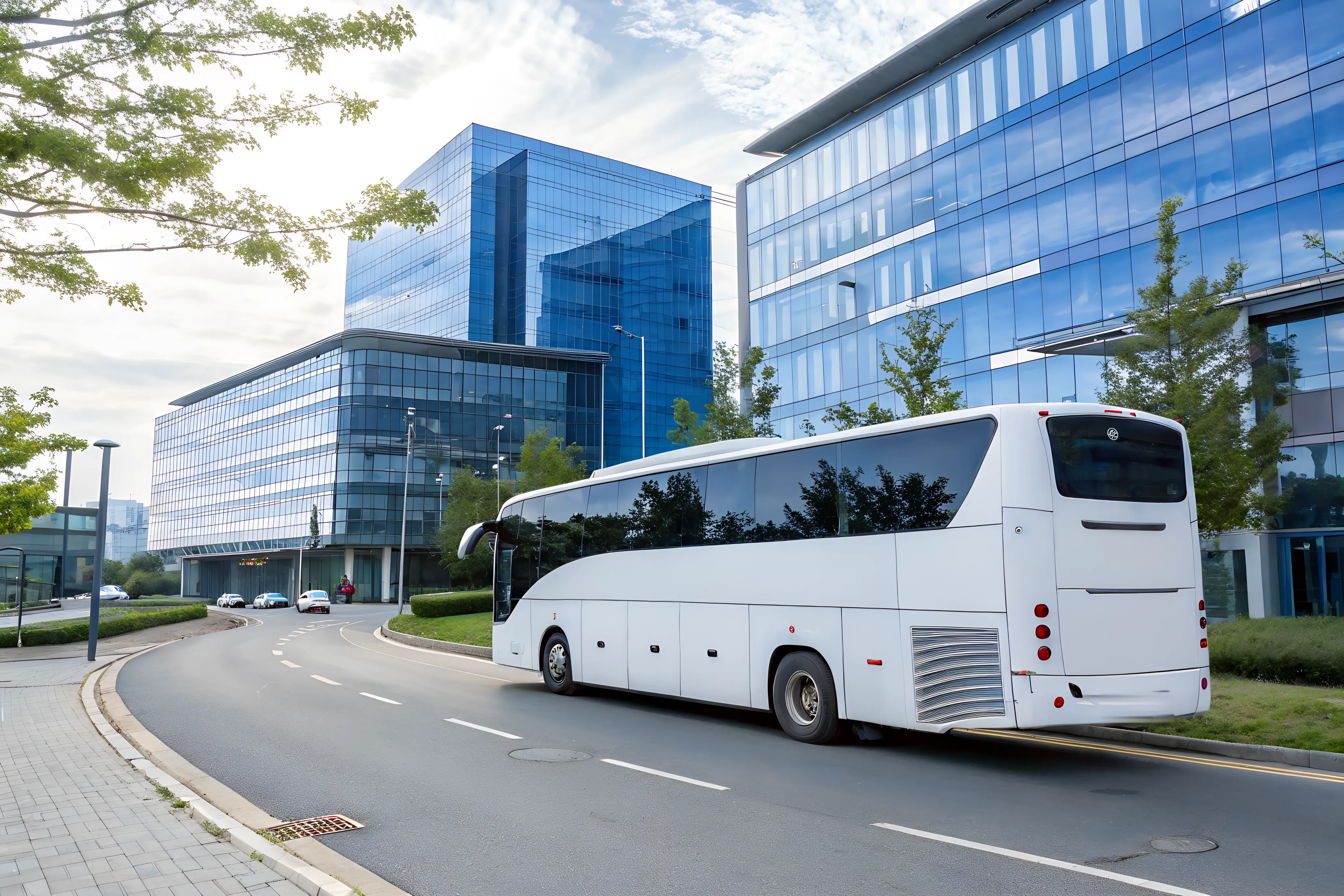 Weißer Reisebus an der Vorfahrt eines modernen Bürocampus