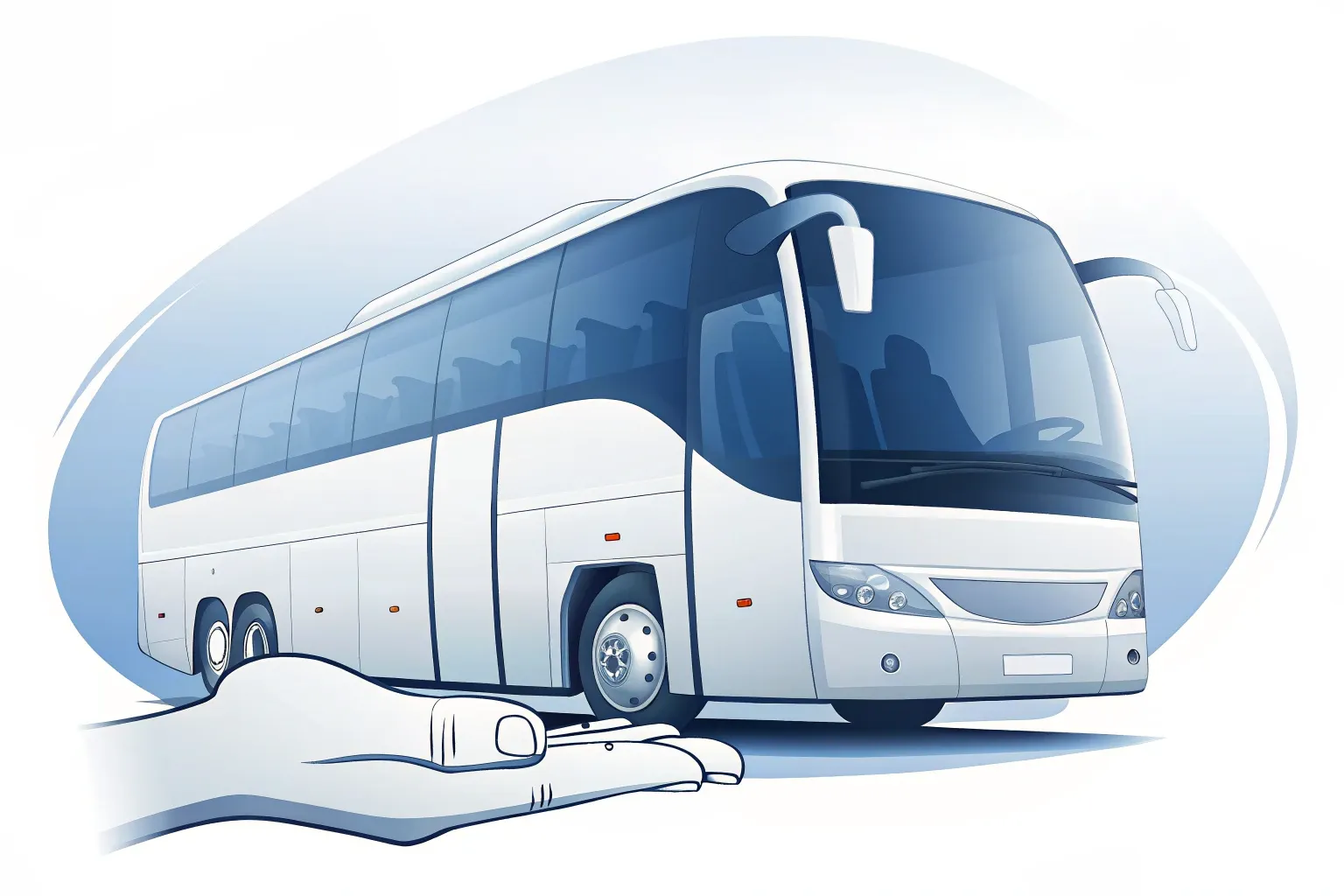 Illustration: Eine Hand präsentiert einen weißen Reisebus, Sinnbild für alle Dienstleistungen aus einer Hand