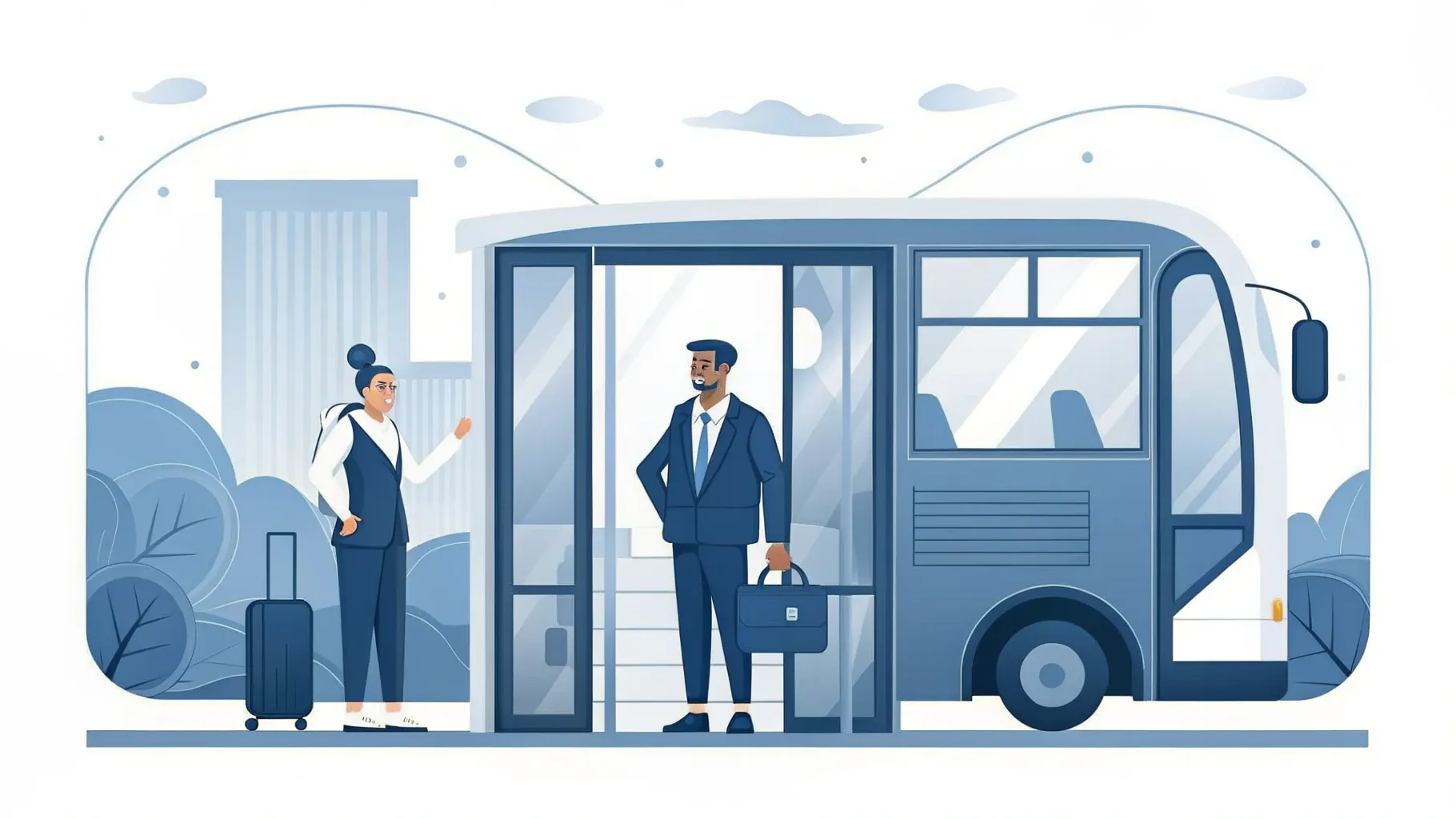 Illustration: Reisebus mit geöffneter Tür an einer Haltestelle an einem sonnigen Tag