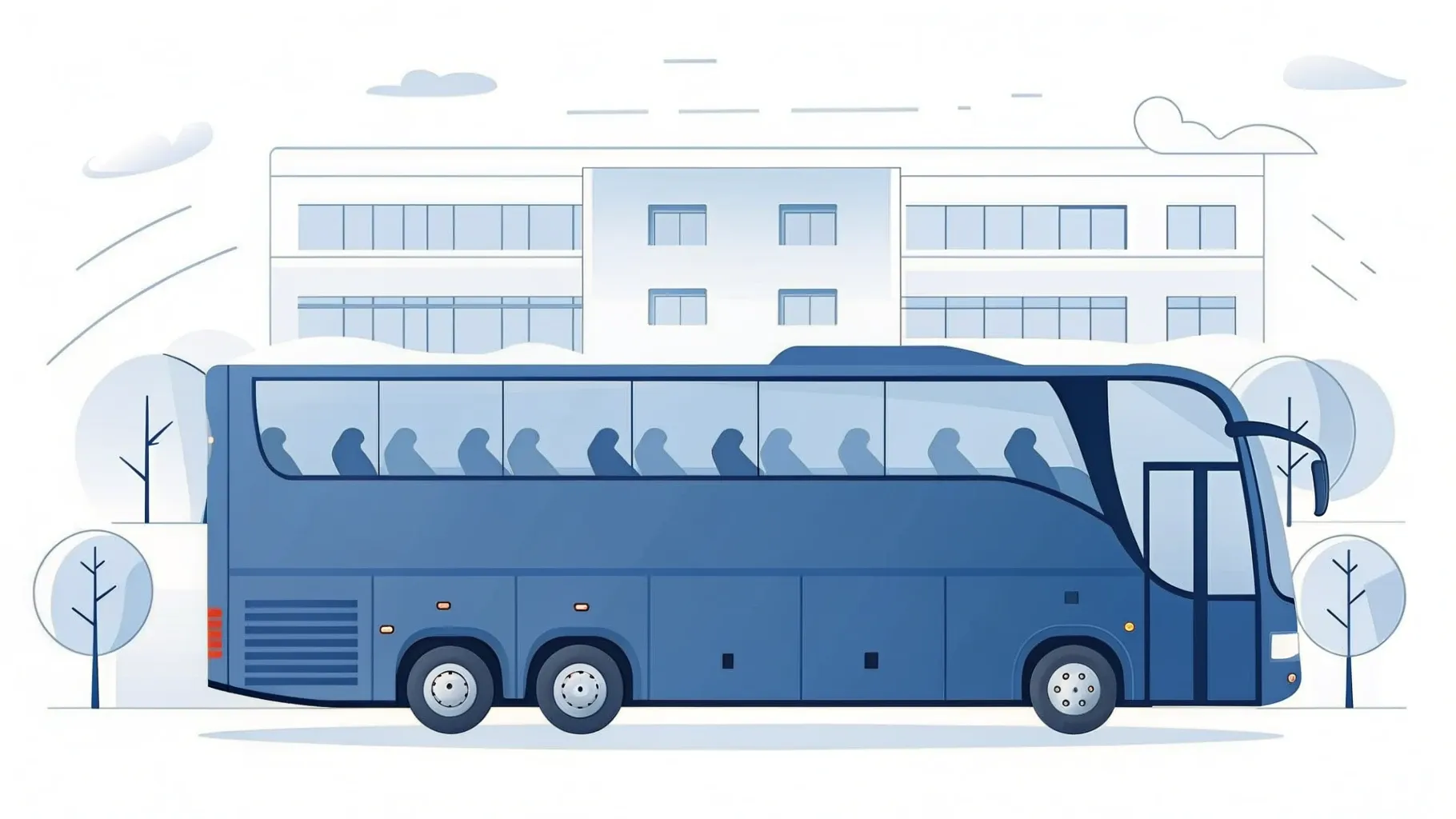 Illustration: moderner Reisebus in Seitenansicht vor einem Bürogebäude