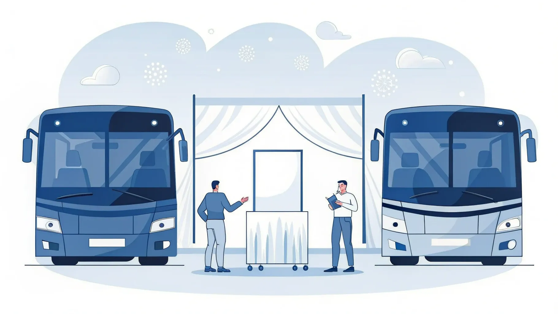Illustration: Messestand mit Banner und einem kleinen Busmodell auf dem Tresen