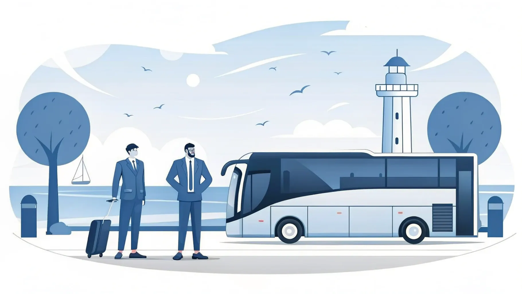 Illustration: Maritime Hafenpromenade mit Leuchtturm und einem geparkten Reisebus