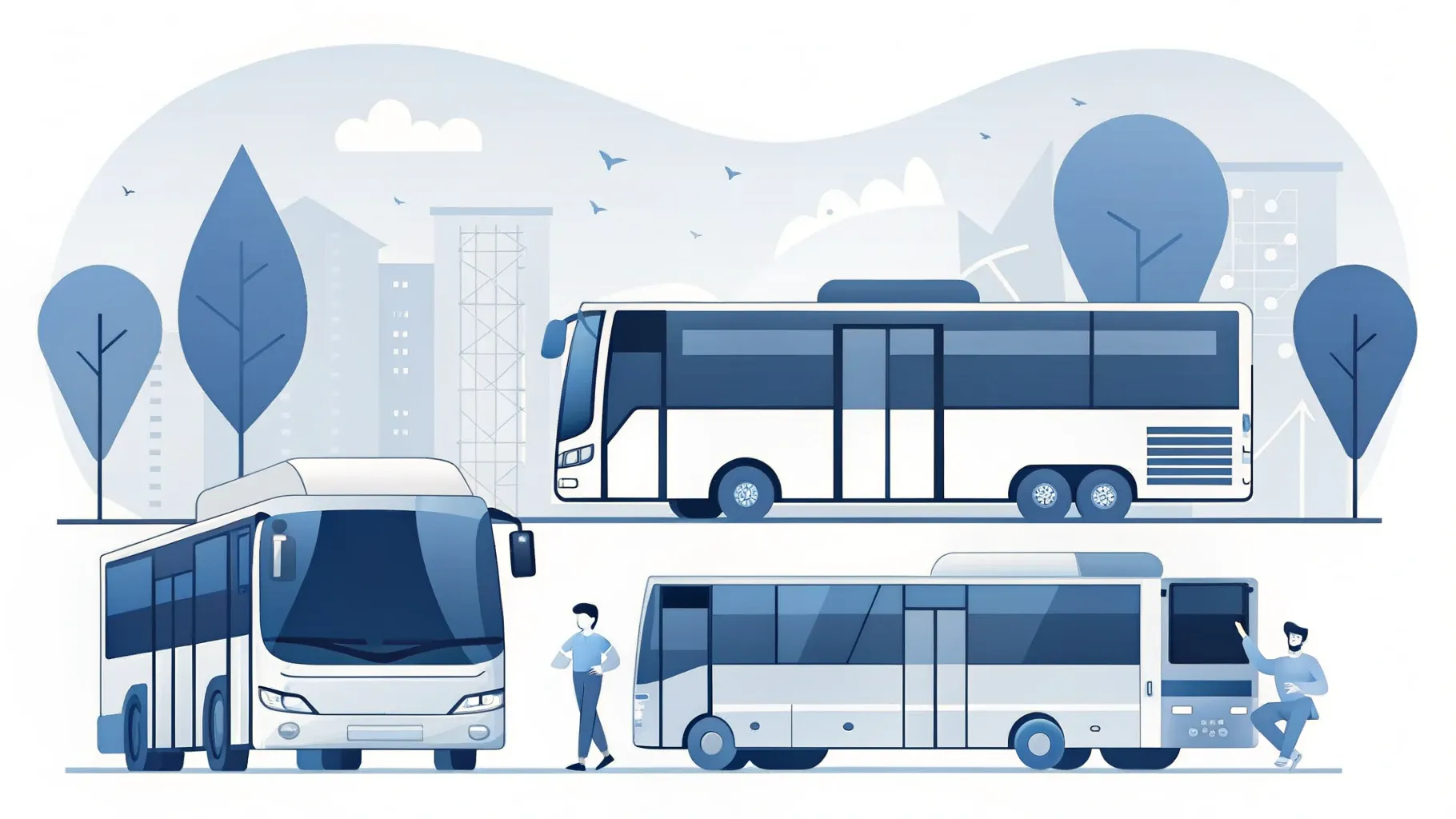 Illustration: Busticket und Smartphone neben einer Kartenlinie, die zwei Stadtsilhouetten verbindet