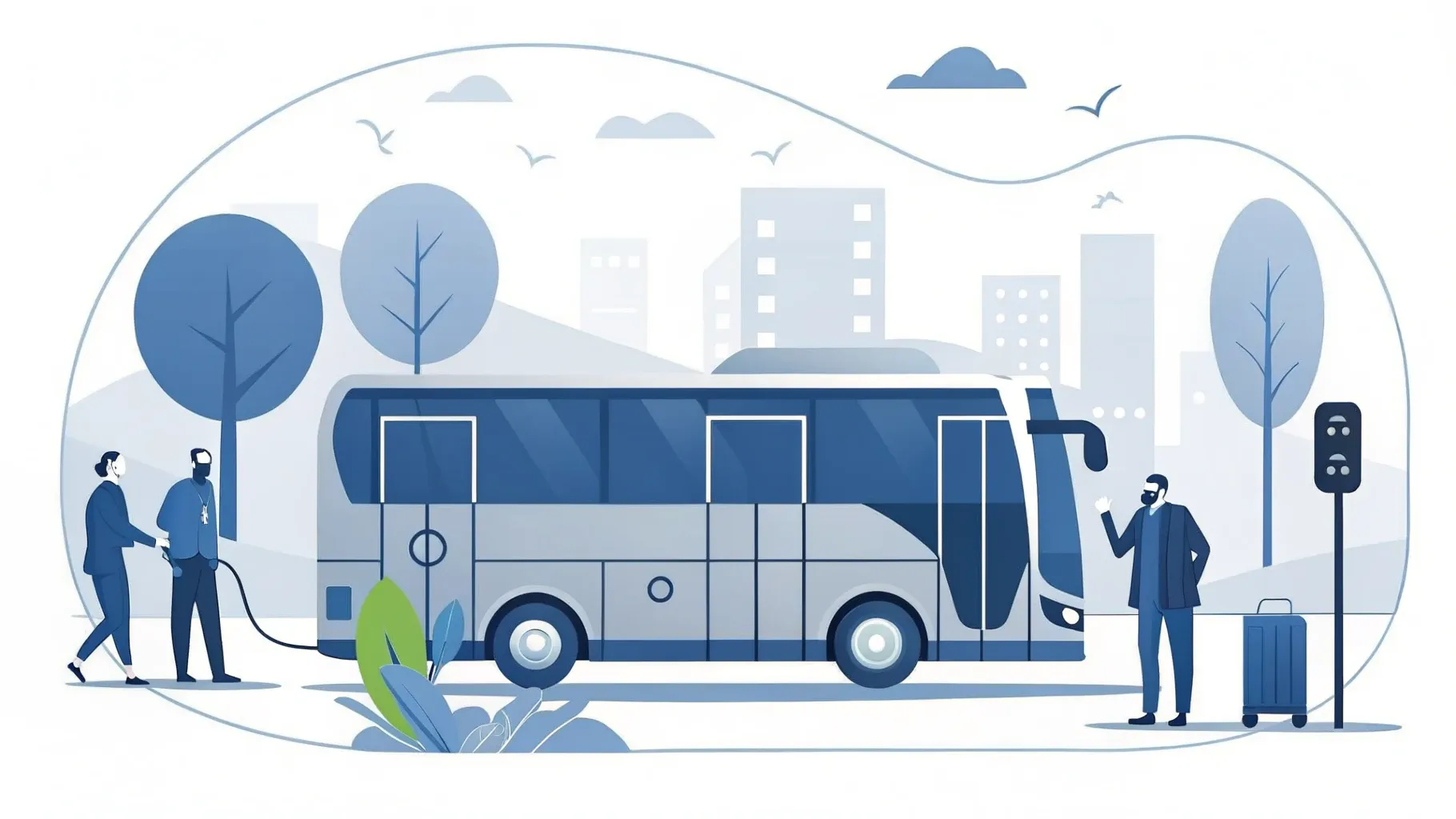 Illustration: Elektrobus an einer Ladestation mit eingestecktem Ladekabel und grünem Blatt