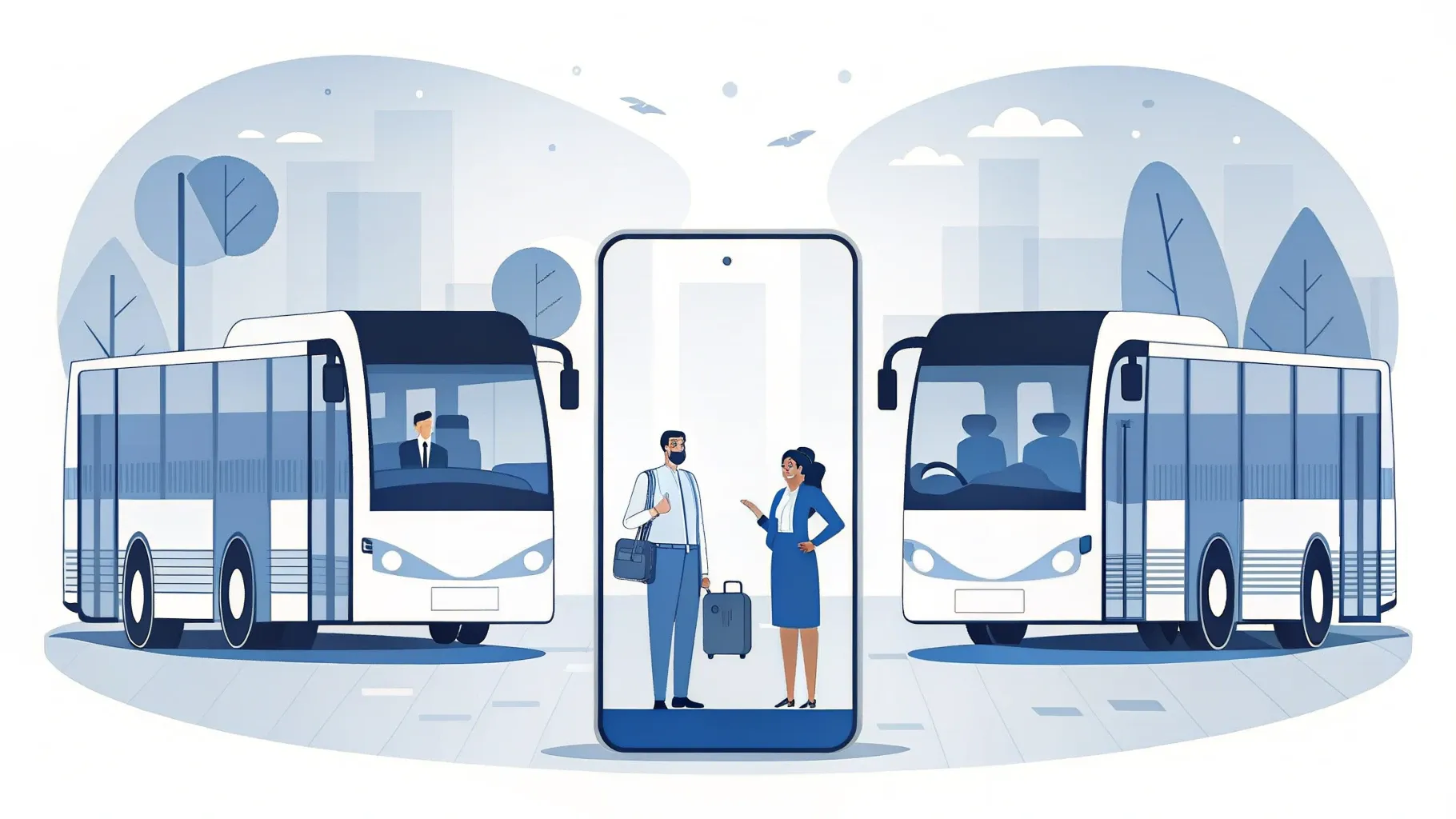 Illustration: Reisebus neben einem großen Smartphone mit Routen-App auf dem Bildschirm