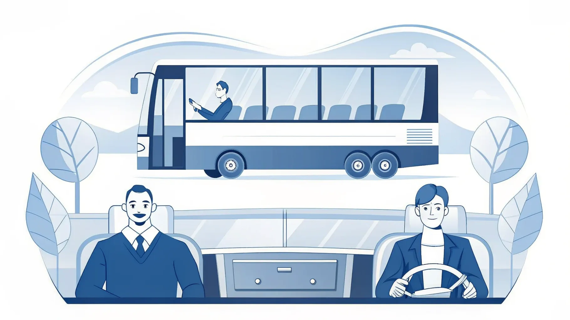 Illustration: Fahrschüler von hinten am Lenkrad eines Reisebusses, auf dem Armaturenbrett eine Übungs-Checkliste