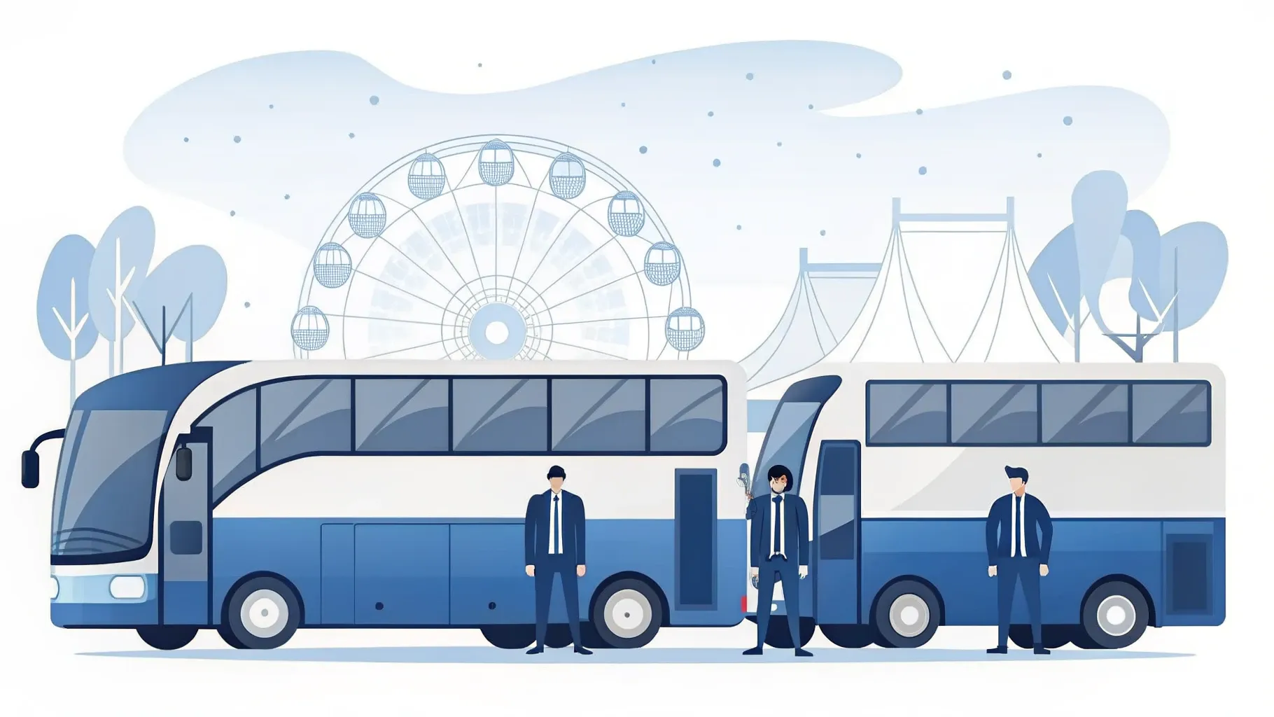 Illustration: Reisebus erreicht einen Freizeitpark mit Riesenrad und Achterbahn-Silhouette