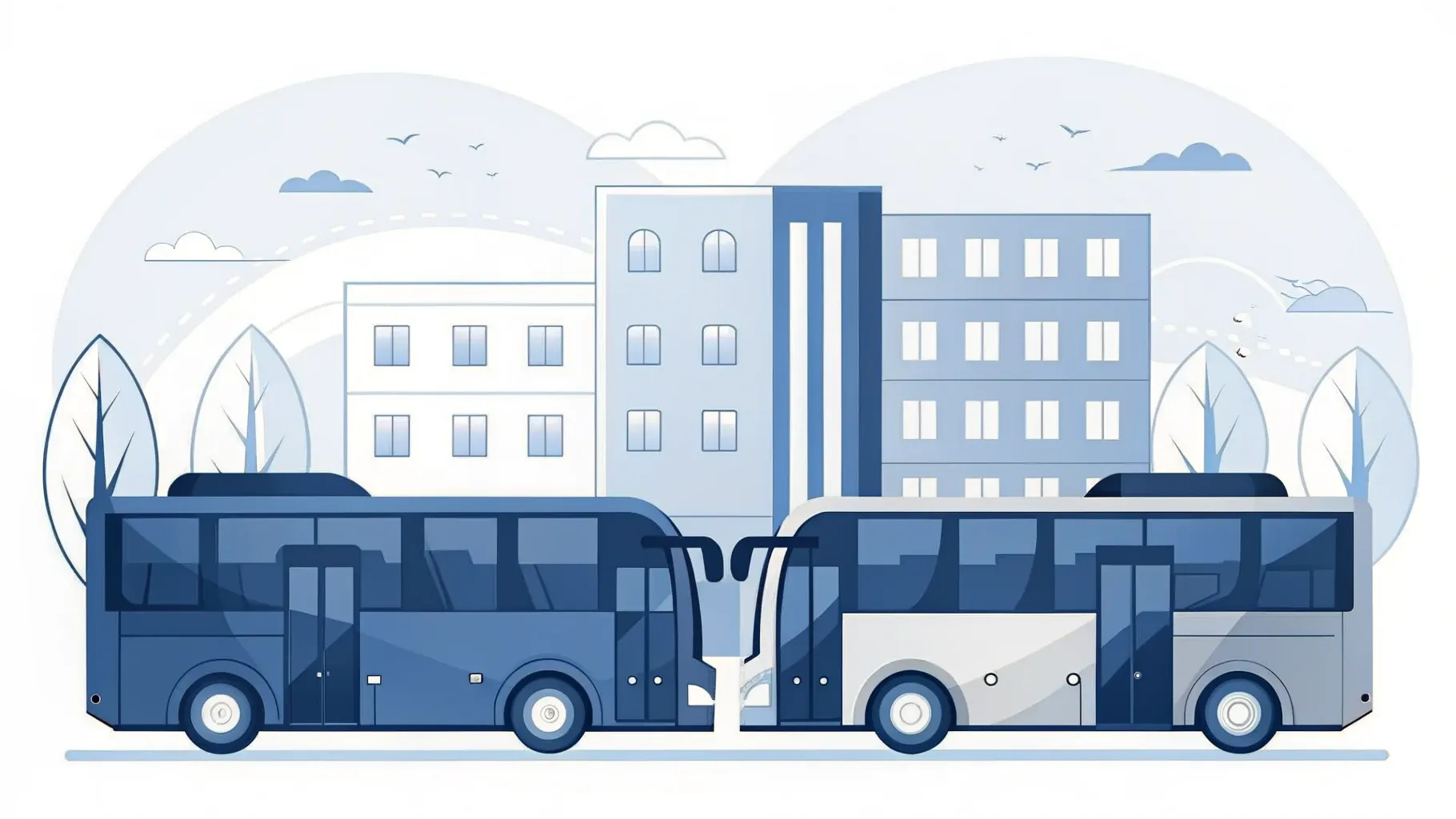 Illustration: Freizeitpark-Eingang mit Achterbahn-Loopings in der Ferne, davor ein geparkter Reisebus