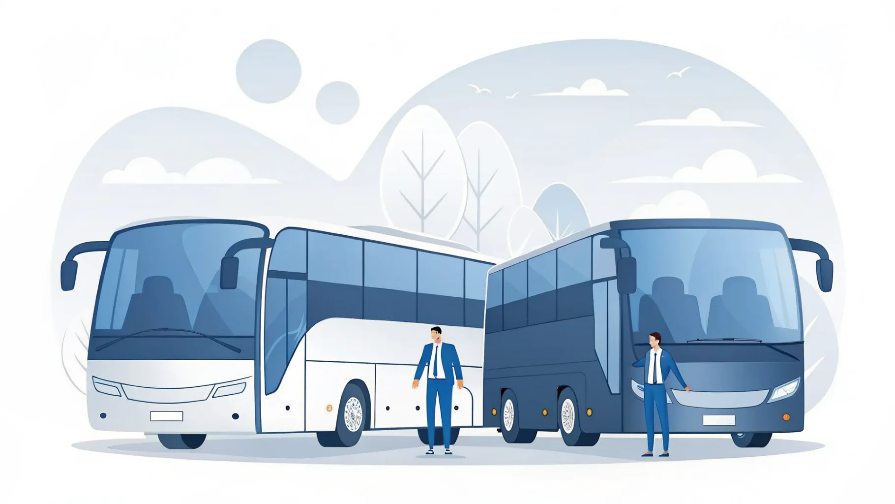Illustration: Reihe ordentlich aufgereihter Reisebusse neben einer Checkliste mit grünen Haken