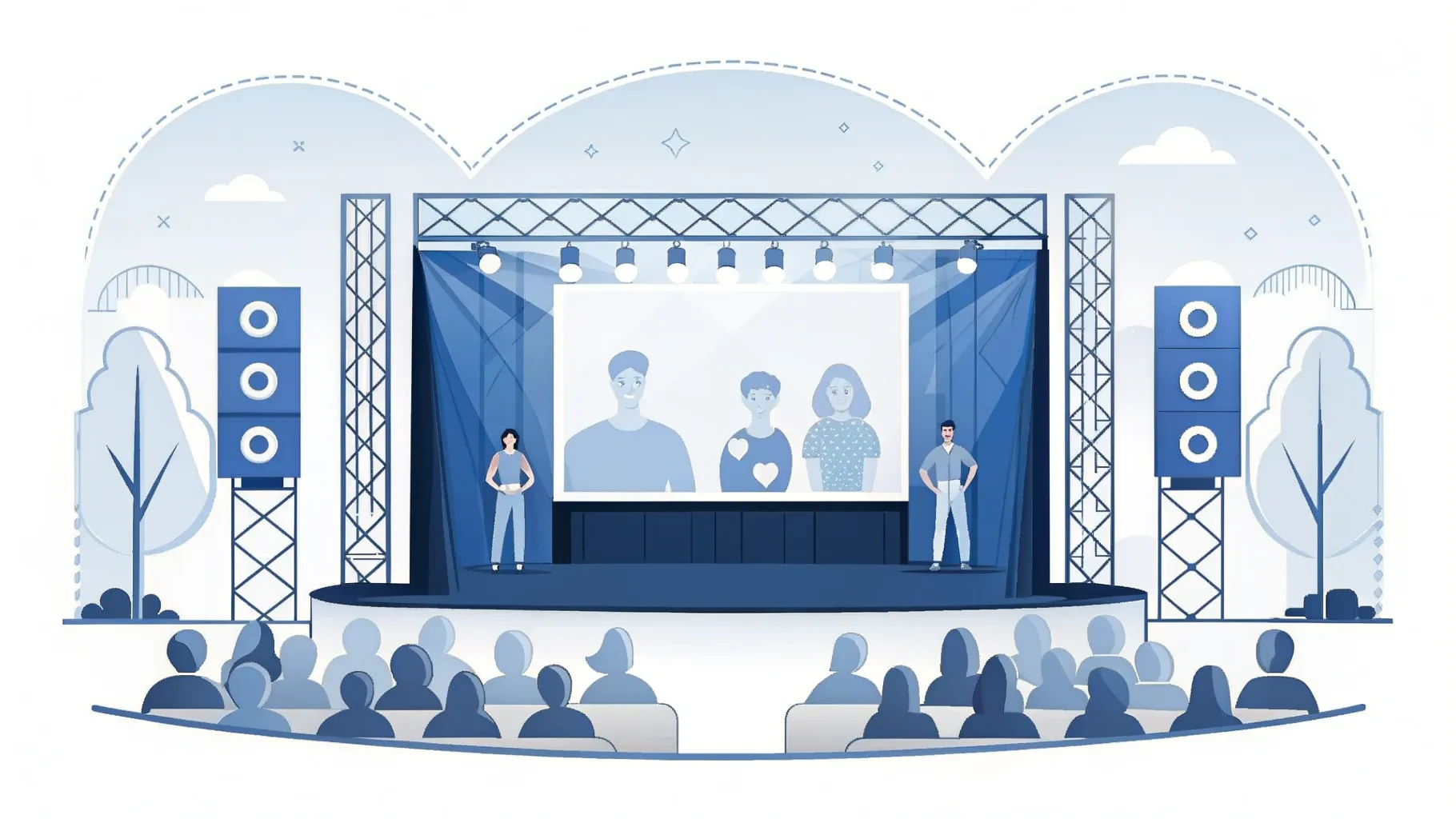 Illustration: Konzertbühne mit Scheinwerfern und Lautsprechertürmen, davor Publikum von hinten, auf der Videowand drei Menschen mit Herzmotiv