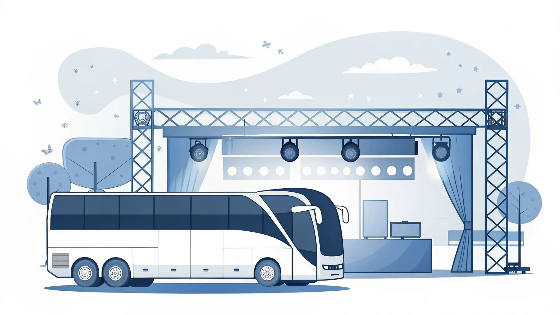 Illustration: Reisebus neben einer Konzertbühne mit Scheinwerfern und einem Flightcase