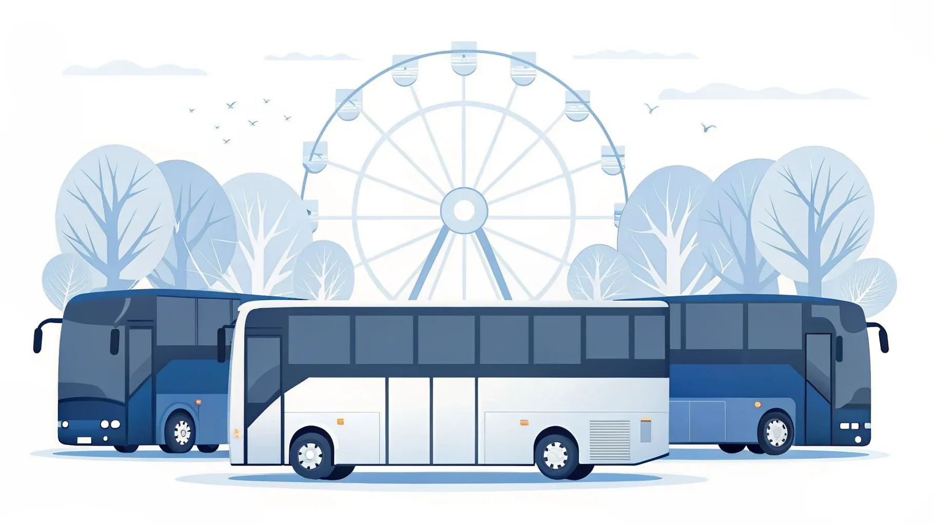 Illustration: Festgelände mit Riesenrad und Frühlingsblumen, am Rand ein geparkter Reisebus