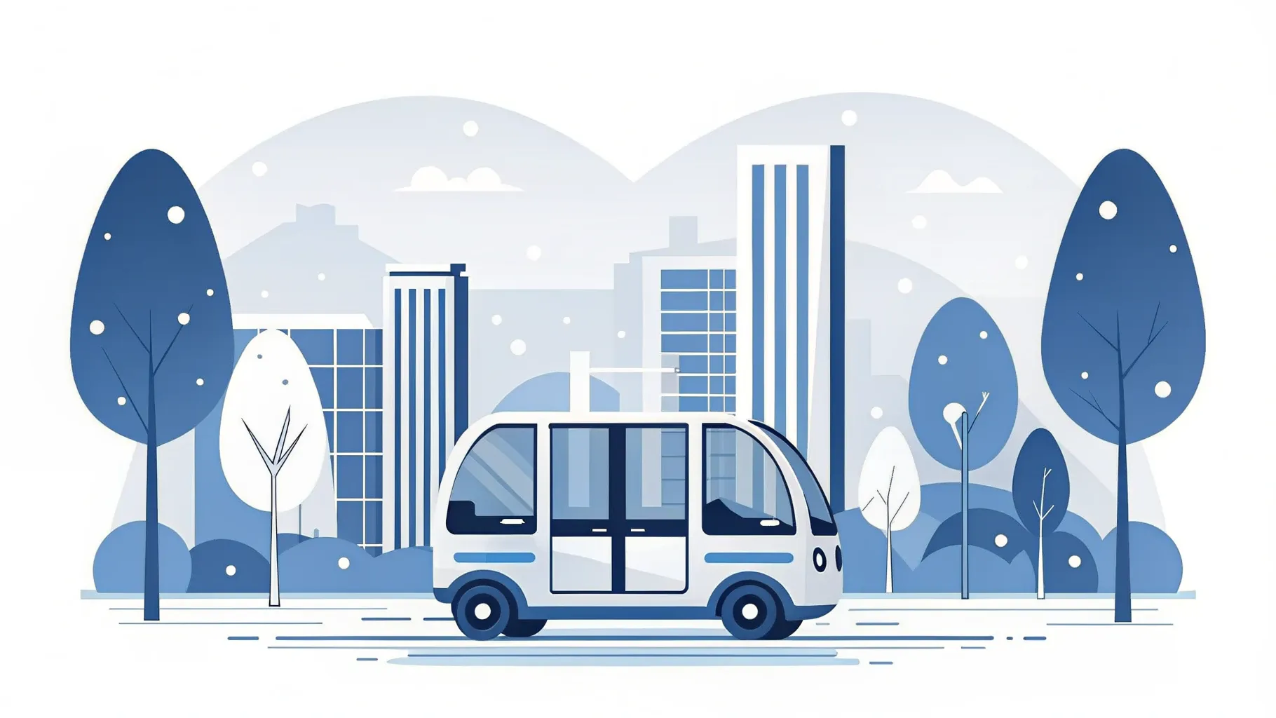 Illustration: Kleiner autonomer Elektro-Shuttle auf einer modernen Straße in einer Hafenstadt