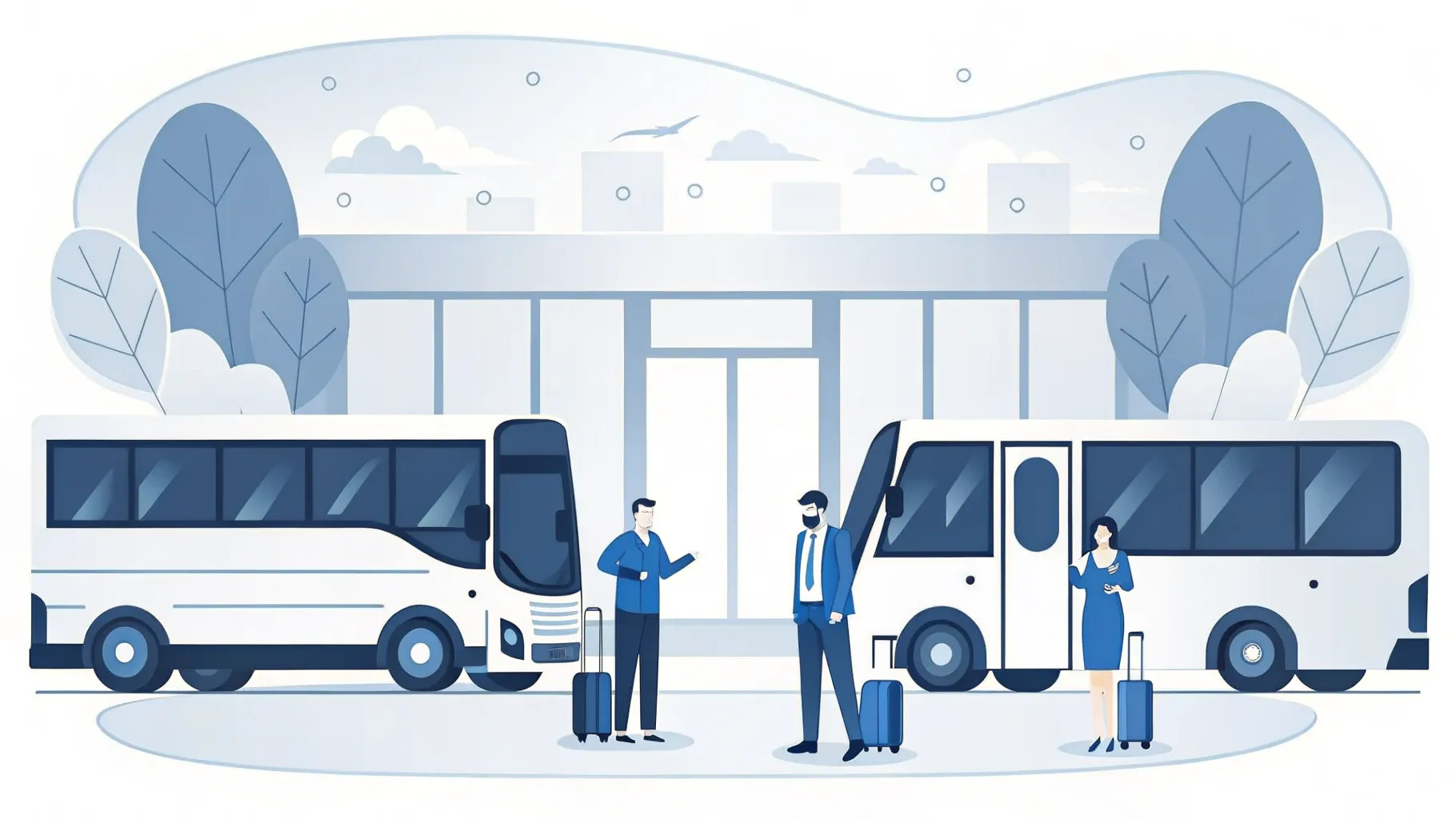 Illustration: Silhouette eines Konferenzgebäudes mit Namensschildern im Vordergrund, draußen wartet ein Shuttle-Bus