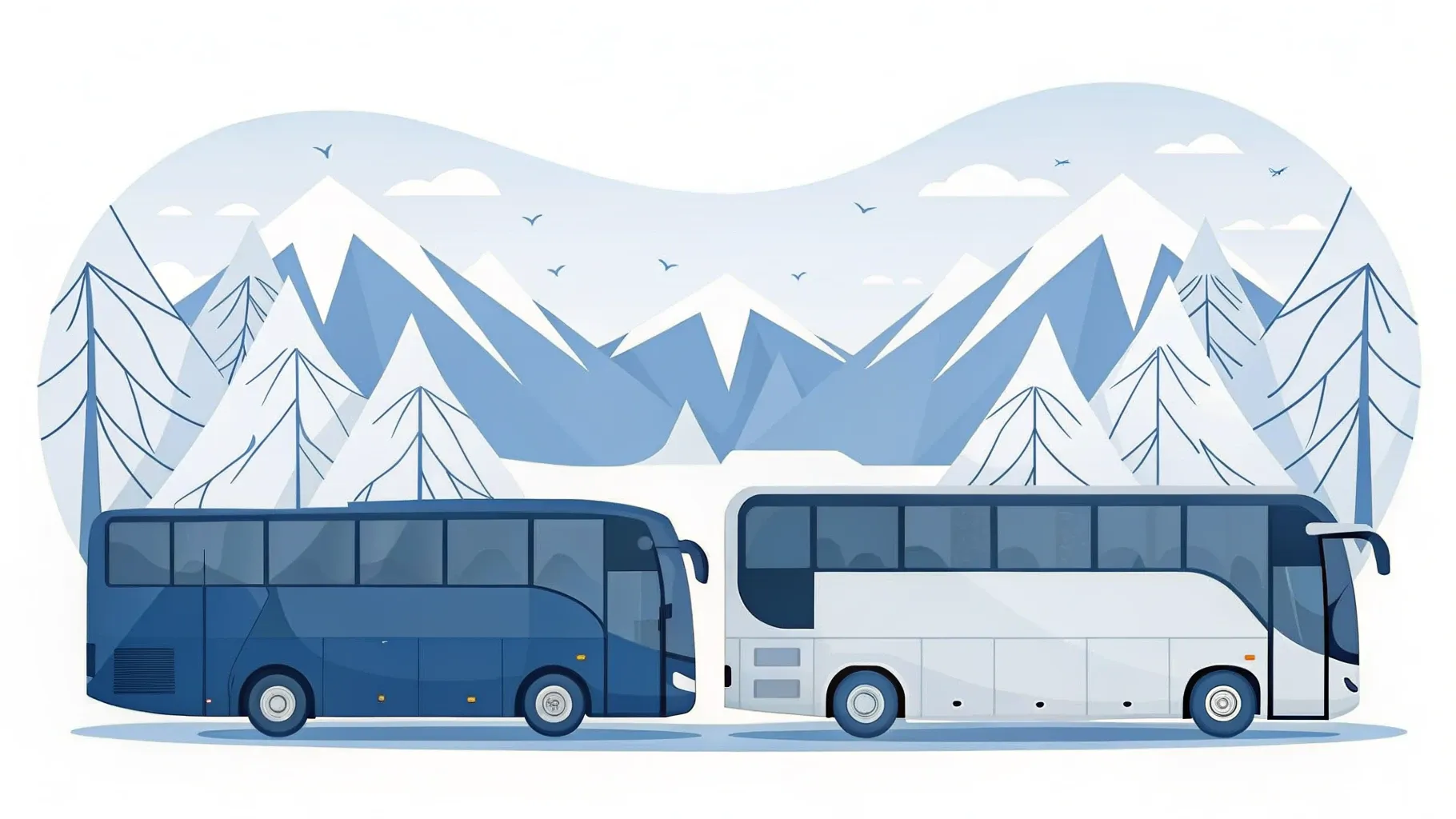 Illustration: Reisebus auf einer kurvigen Alpenstraße in Richtung schneebedeckter Gipfel