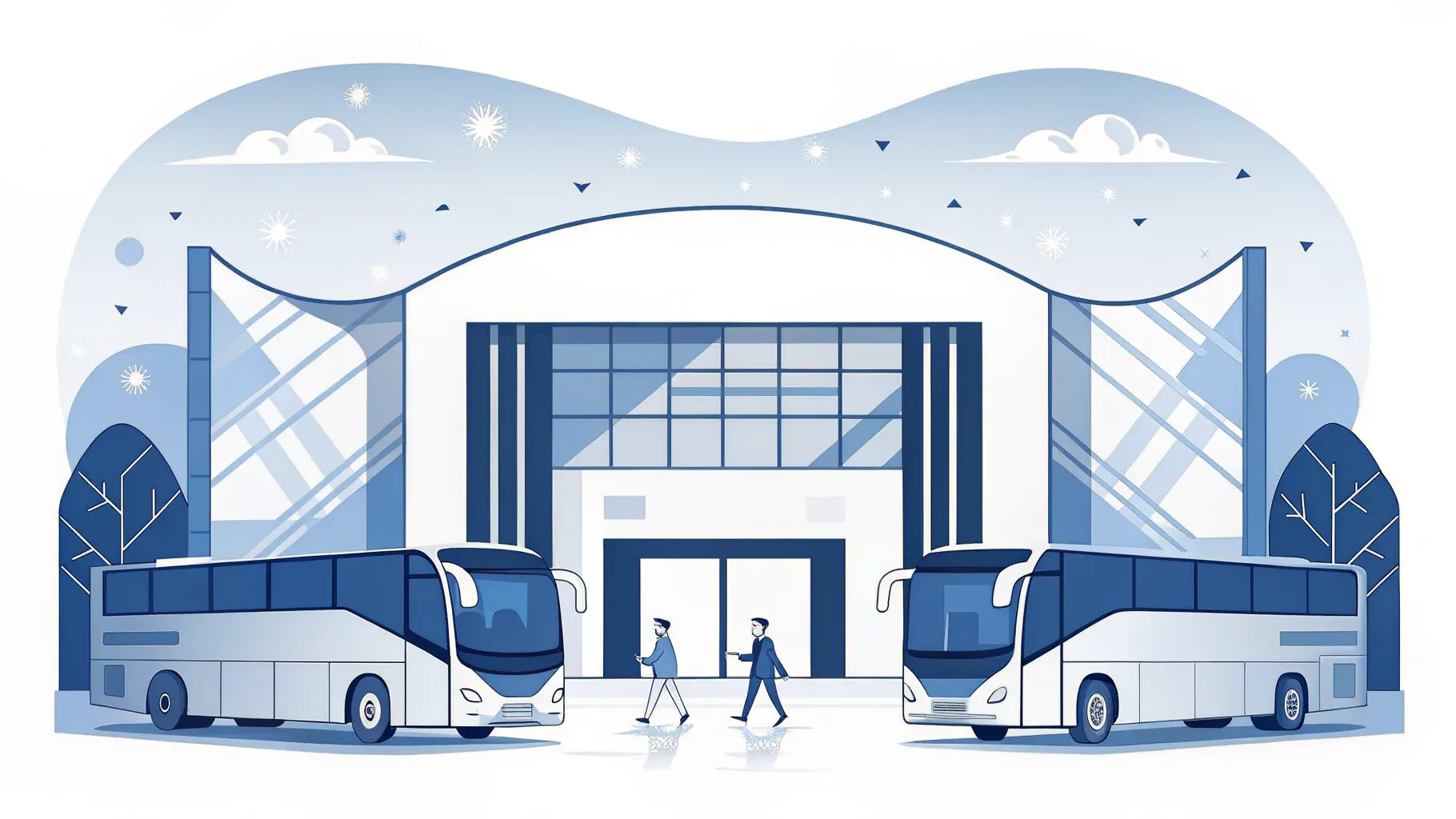 Illustration: zwei Reisebusse vor einem beleuchteten Event-Venue, Gäste auf dem Weg zum Eingang