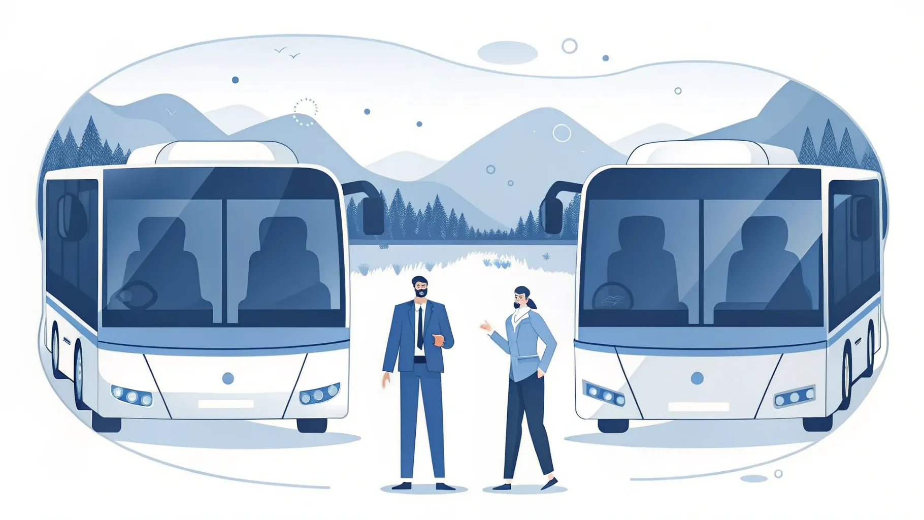 Illustration: Reisebus folgt einer gepunkteten Route über Hügel mit Burg und See