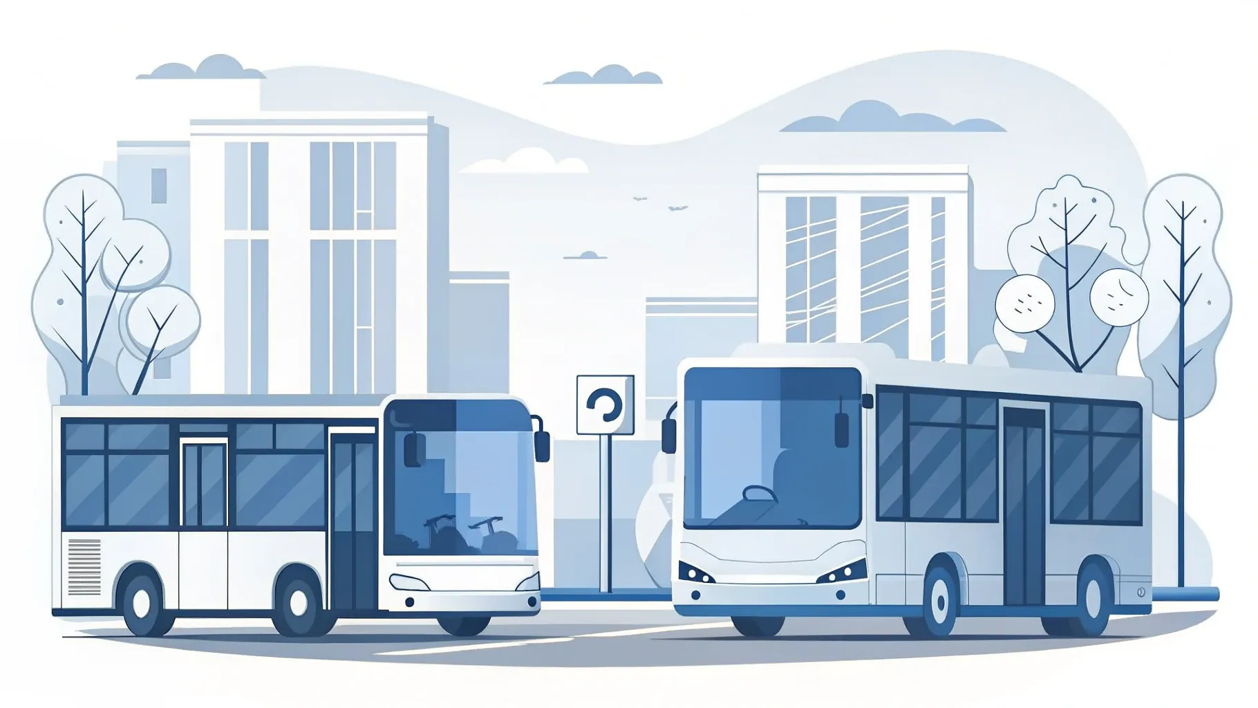 Illustration: Shuttle-Bus auf dem Weg zu einem Bürogebäude, am Straßenrand ein großes Fragezeichen-Schild