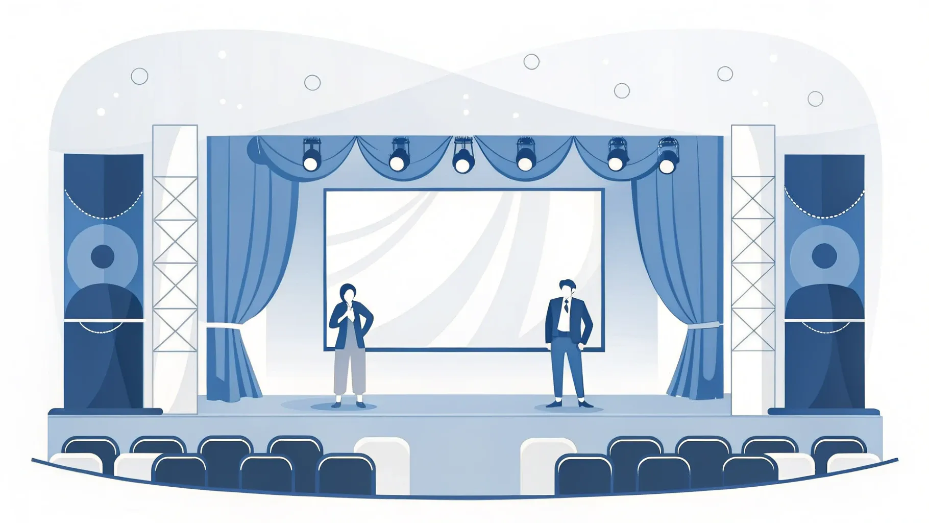 Illustration: Theaterbühne mit rotem Vorhang und Scheinwerfern, im Hintergrund Silhouetten von Hafenkränen
