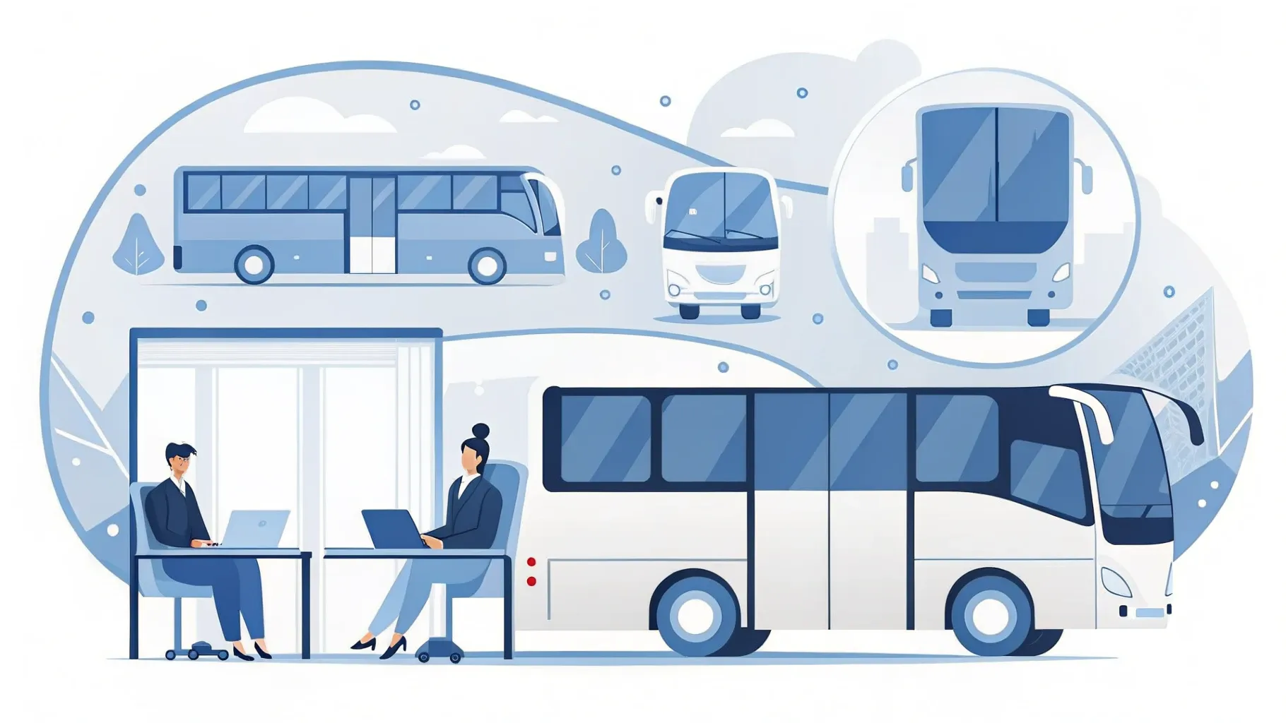 Illustration: Aufgeräumter Schreibtisch mit Laptop und Headset, hinter dem Fenster ein Reisebus
