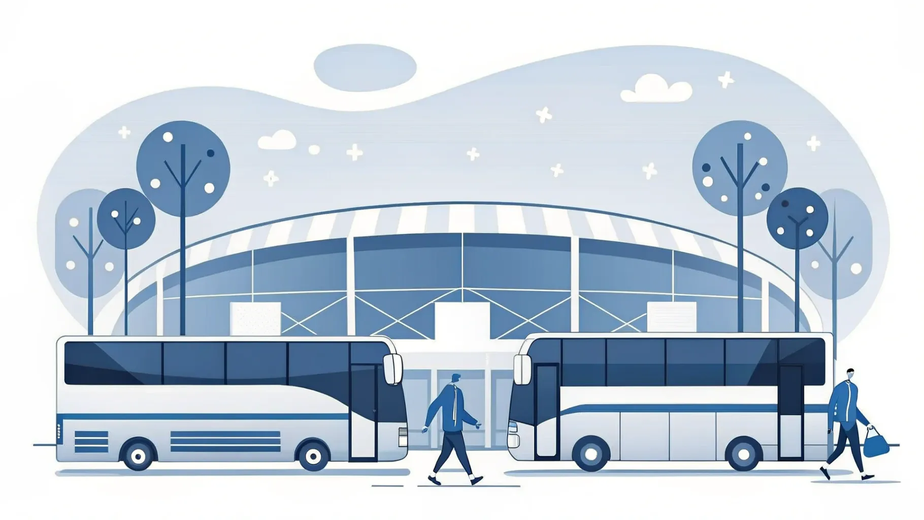 Illustration: Stadion mit einer Flotte von Shuttle-Bussen, kleine Fanfiguren gehen hinein