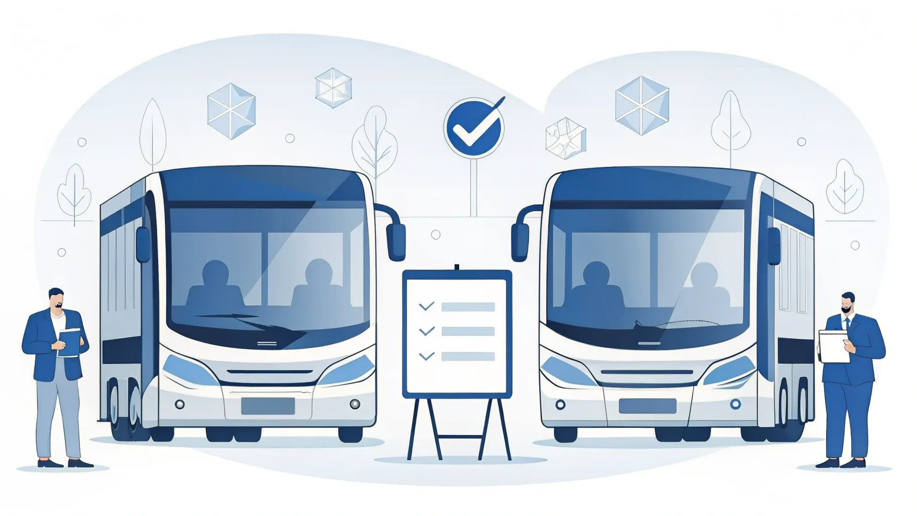 Illustration: Shuttle-Busse in Reihe am Eventeingang, im Vordergrund ein Klemmbrett mit Checkliste