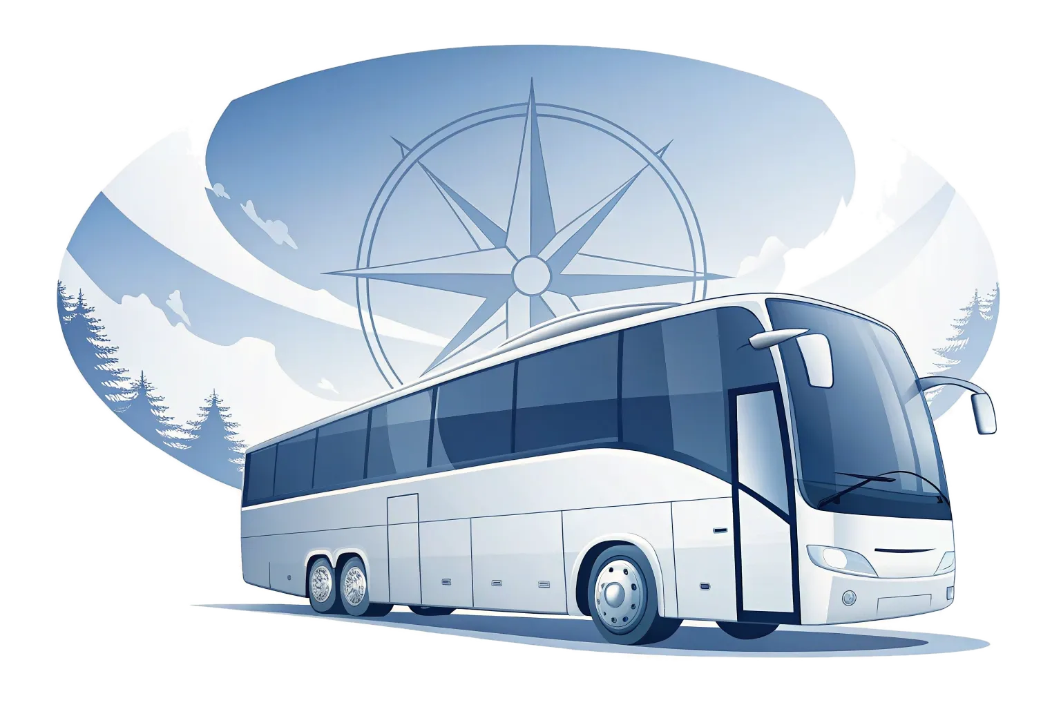 Illustration: Ein weißer Reisebus vor einer großen Kompassrose – vorausschauende Planung
