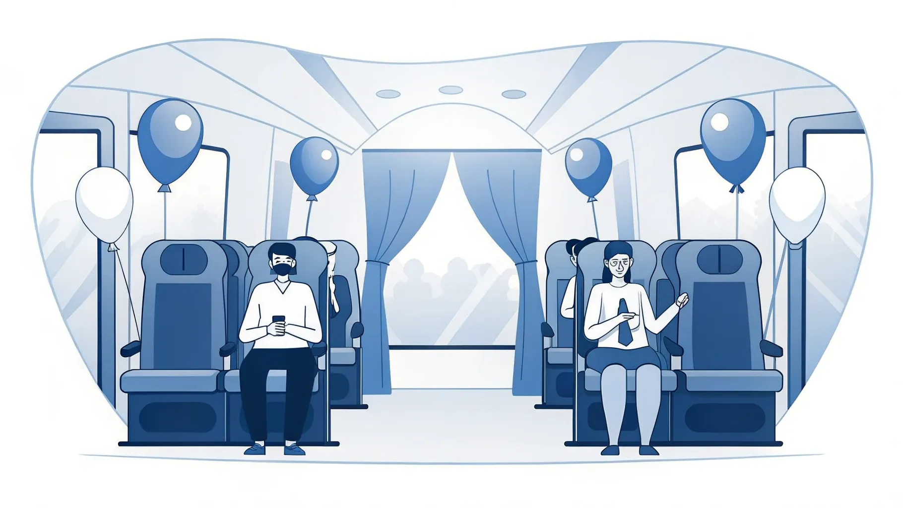Illustration: Kleine Figuren stoßen auf einer Firmenfeier mit Luftballons an, draußen vor dem Fenster wartet ein Bus