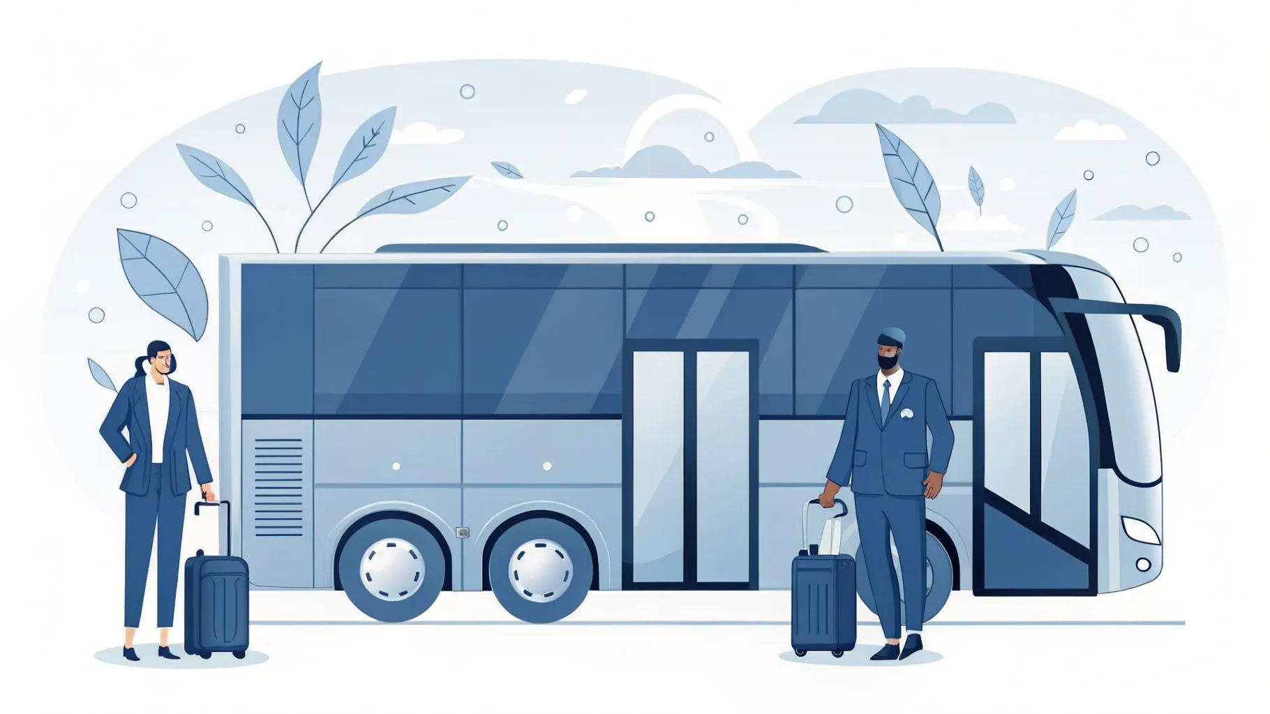 Illustration: Reisebus tankt an einer Zapfsäule mit grünem Blatt-Etikett