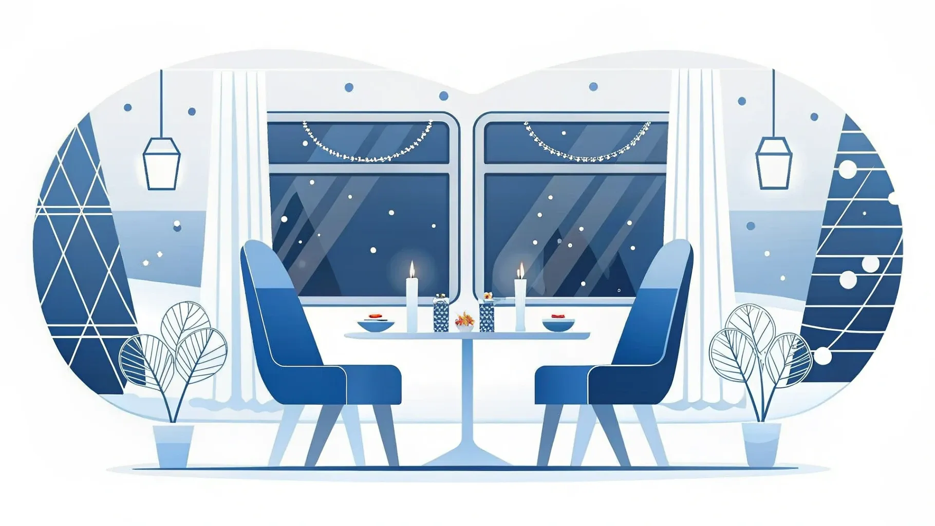 Illustration: Festlich gedeckter Tisch mit Kerzen und kleinen Geschenken, draußen fällt leichter Schnee