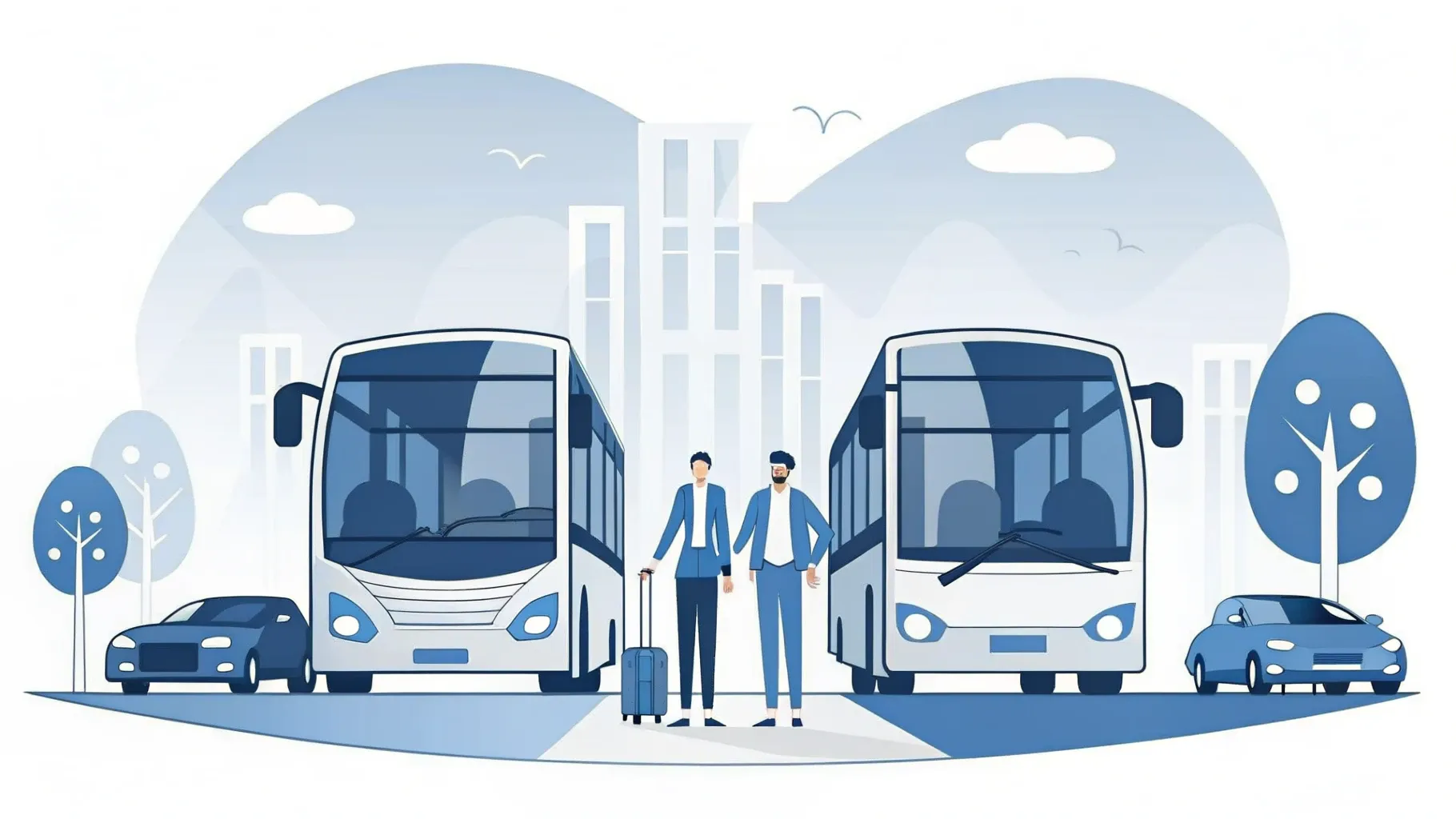 Illustration: Kompaktes Auto mit Gepäck auf der Autobahn, am Horizont zwei Stadtsilhouetten