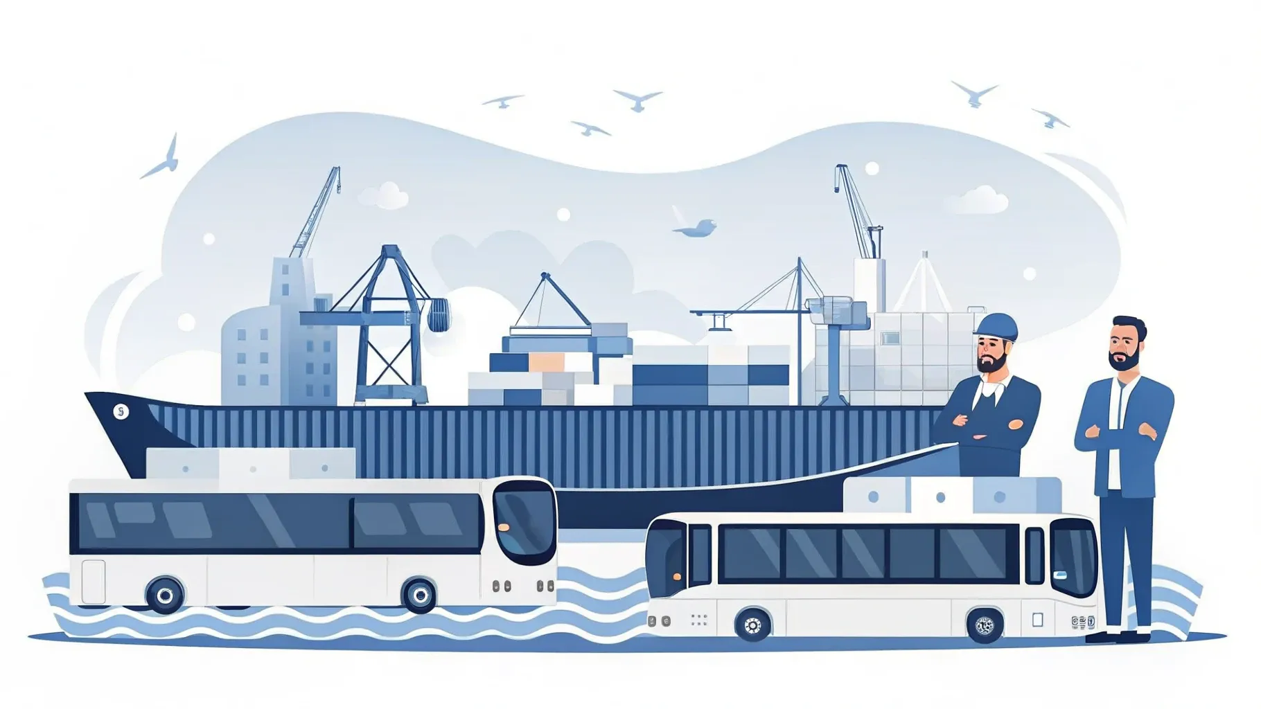 Illustration: Festlicher Hafen mit Schiffen, Fahnen und Kränen, auf dem Kai kleine Menschenmengen