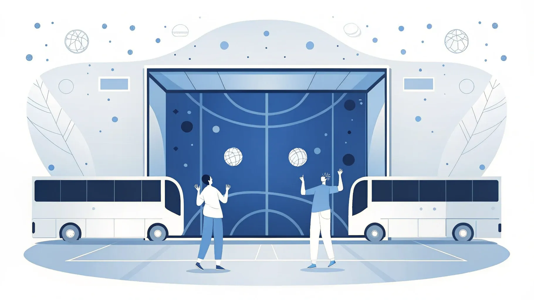 Illustration: Handball fliegt in einer Halle auf das Tor zu