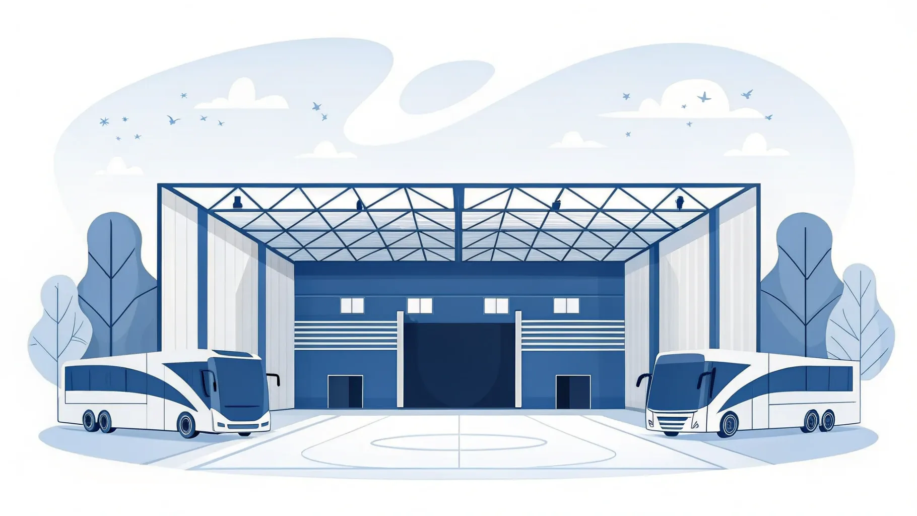 Illustration: Sporthalle mit Handballfeld, draußen geparkte Mannschaftsbusse