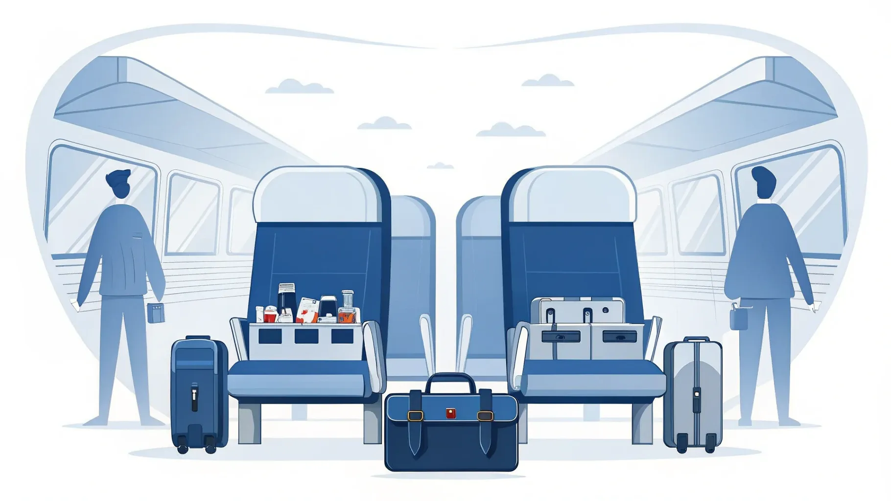 Illustration: Offene Reisetasche mit ordentlich gepackten Sachen auf einem Bussitz