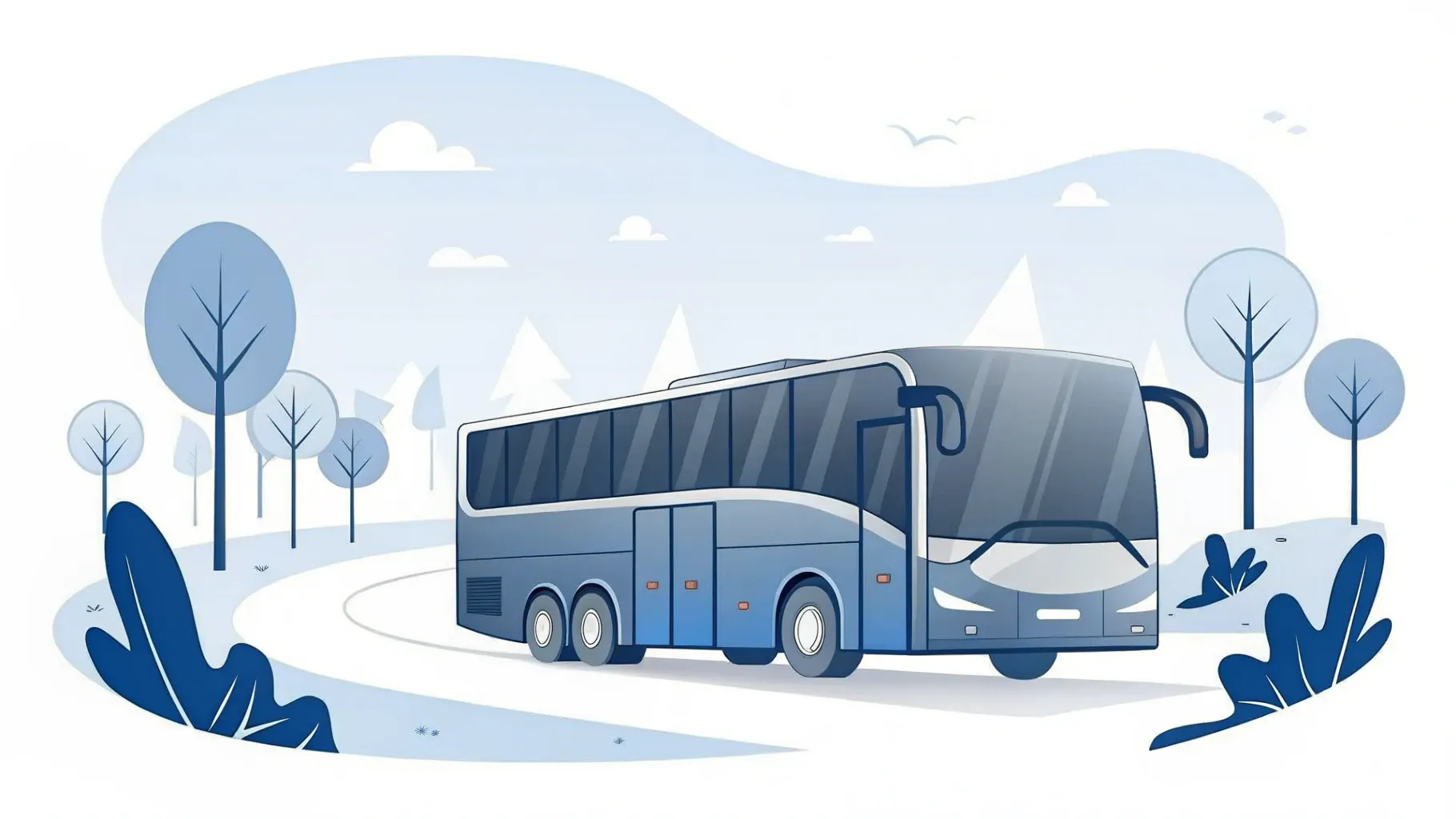 Illustration: Reisebus auf einer Straße, die sich wie ein Blattstiel windet, daneben kleine grüne Bäume
