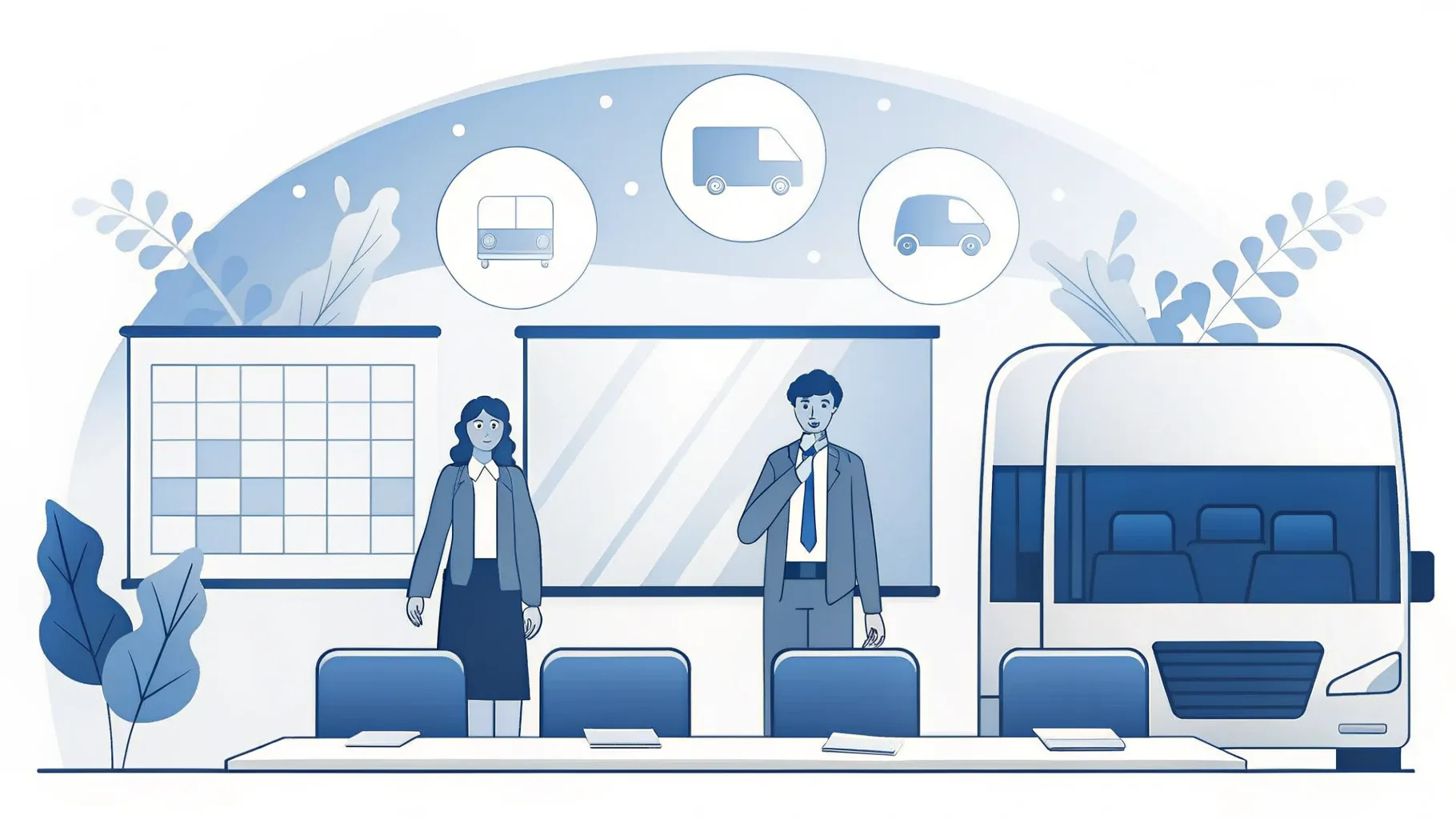 Illustration: Tischkalender auf der letzten Seite neben einem kleinen Busmodell und einer Lichterkette