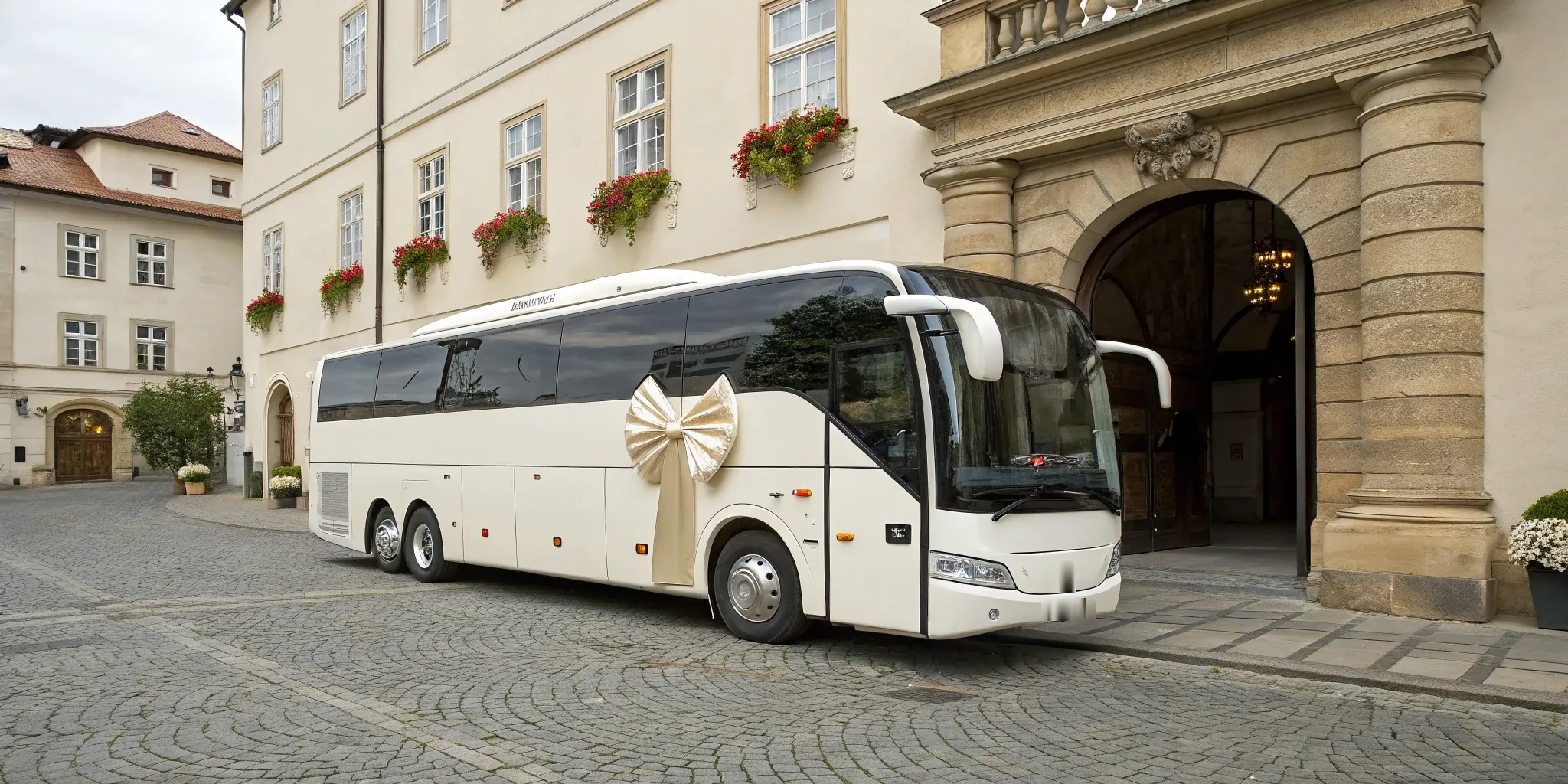 Weißer Hochzeitsbus mit Schleife vor dem Standesamt