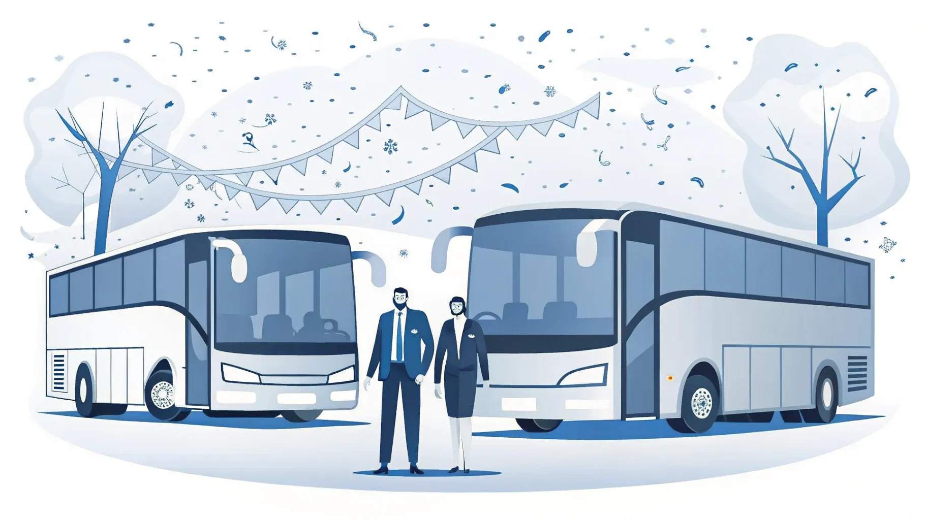 Illustration: Mit Bändern und Blumen geschmückter Hochzeitsbus, Konfetti in der Luft